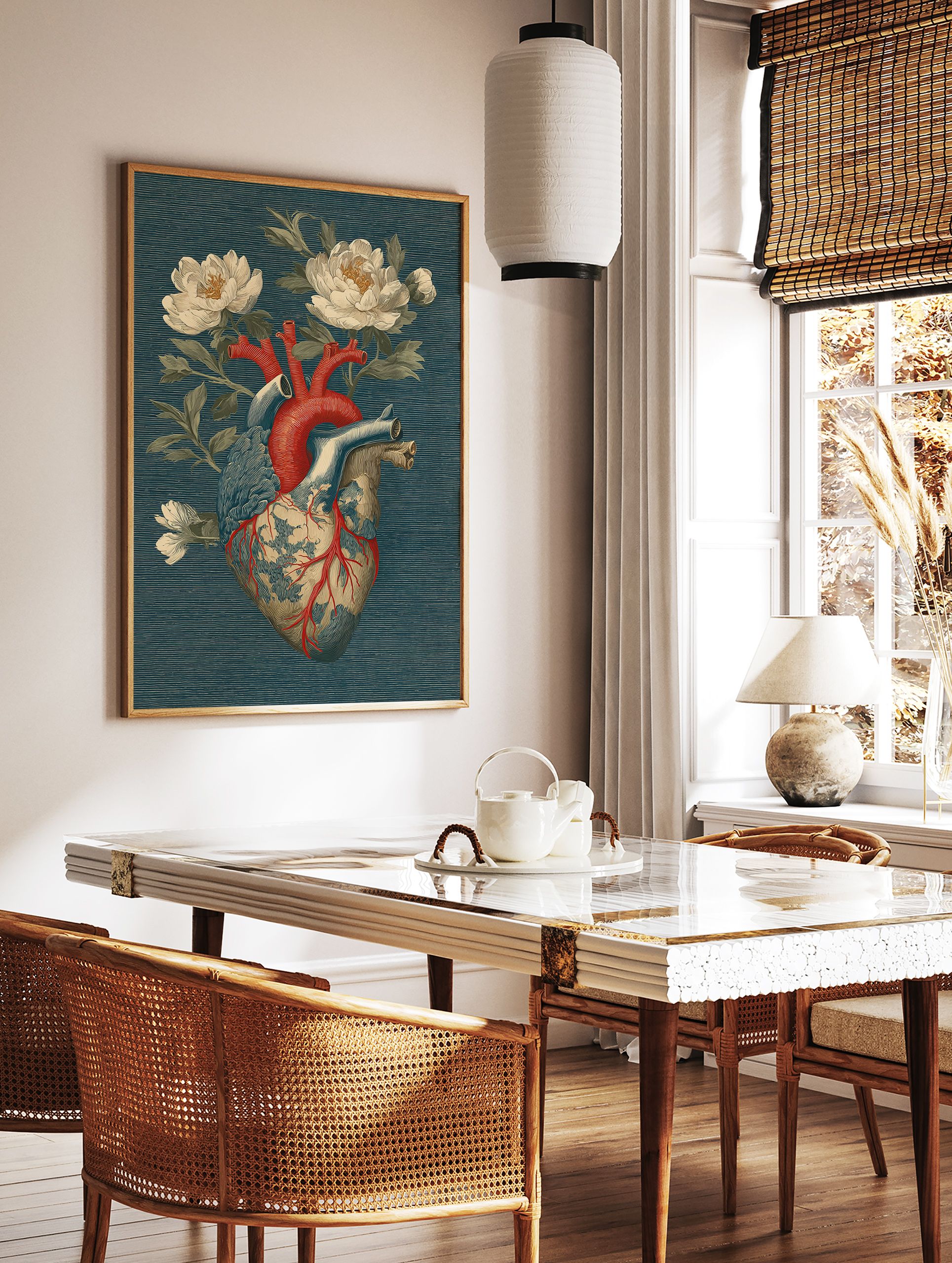 Anatomical heart illustration with red arteries and blue veins, surrounded by white flowers on a dark teal textured background. - Image 2