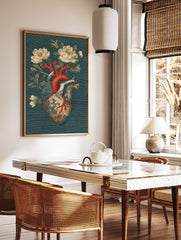 Anatomical heart illustration with red arteries and blue veins, surrounded by white flowers on a dark teal textured background. - Image 2