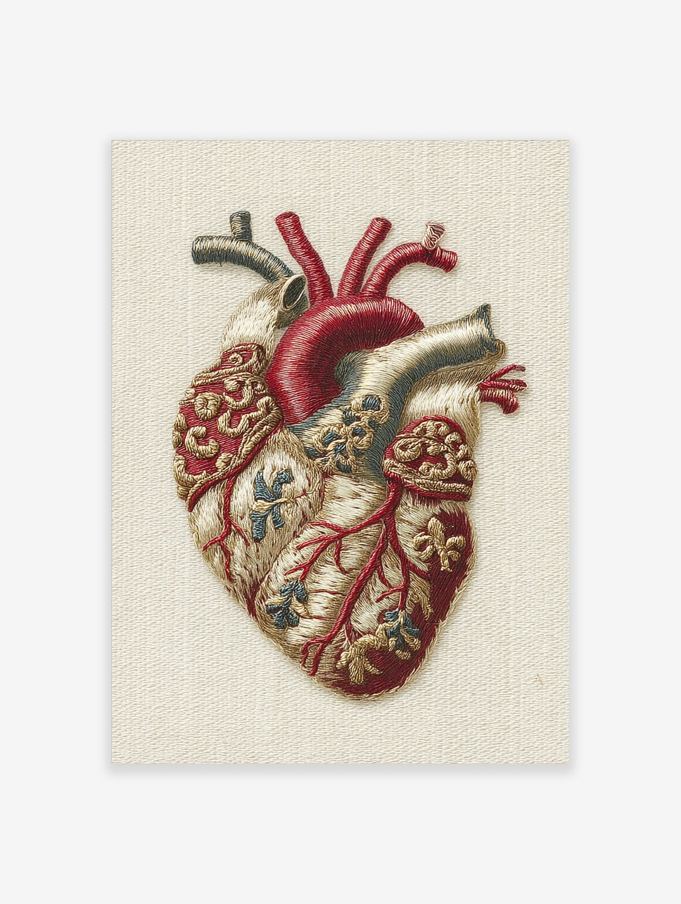 Anatomical heart embroidery style print with red vessels and cream tissue on neutral background
