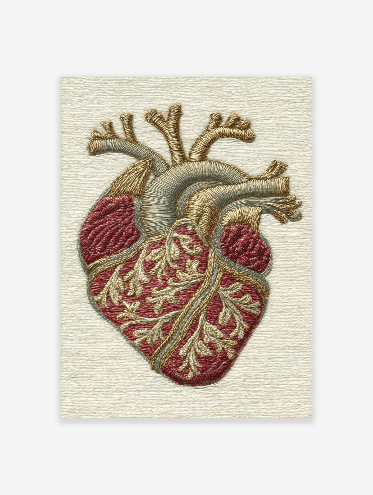Anatomical heart embroidered style art print with red and gold vessels on beige background