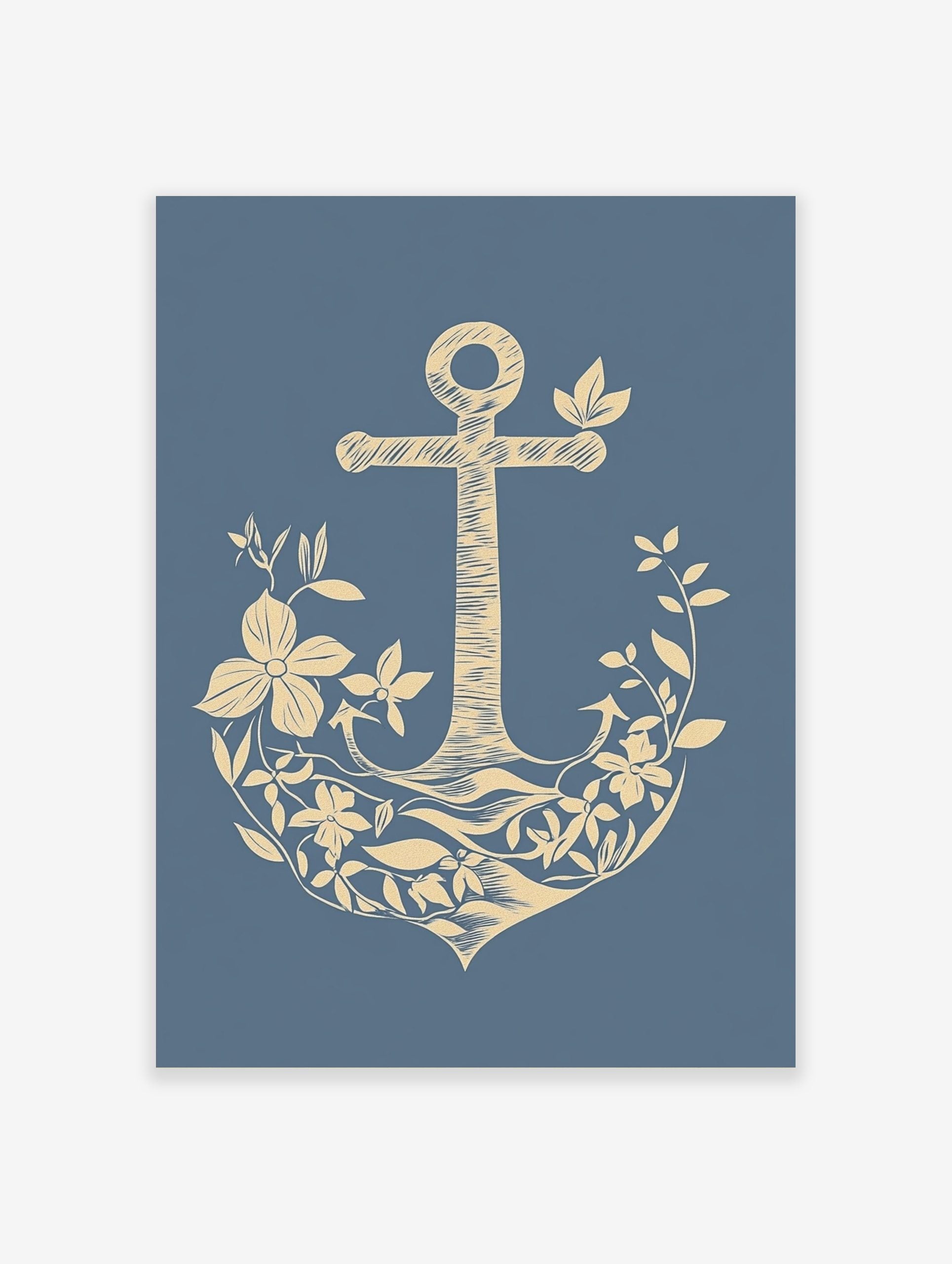 Illustrative beige anchor adorned with botanical flowers and leaves on a blue background
