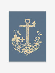Illustrative beige anchor adorned with botanical flowers and leaves on a blue background