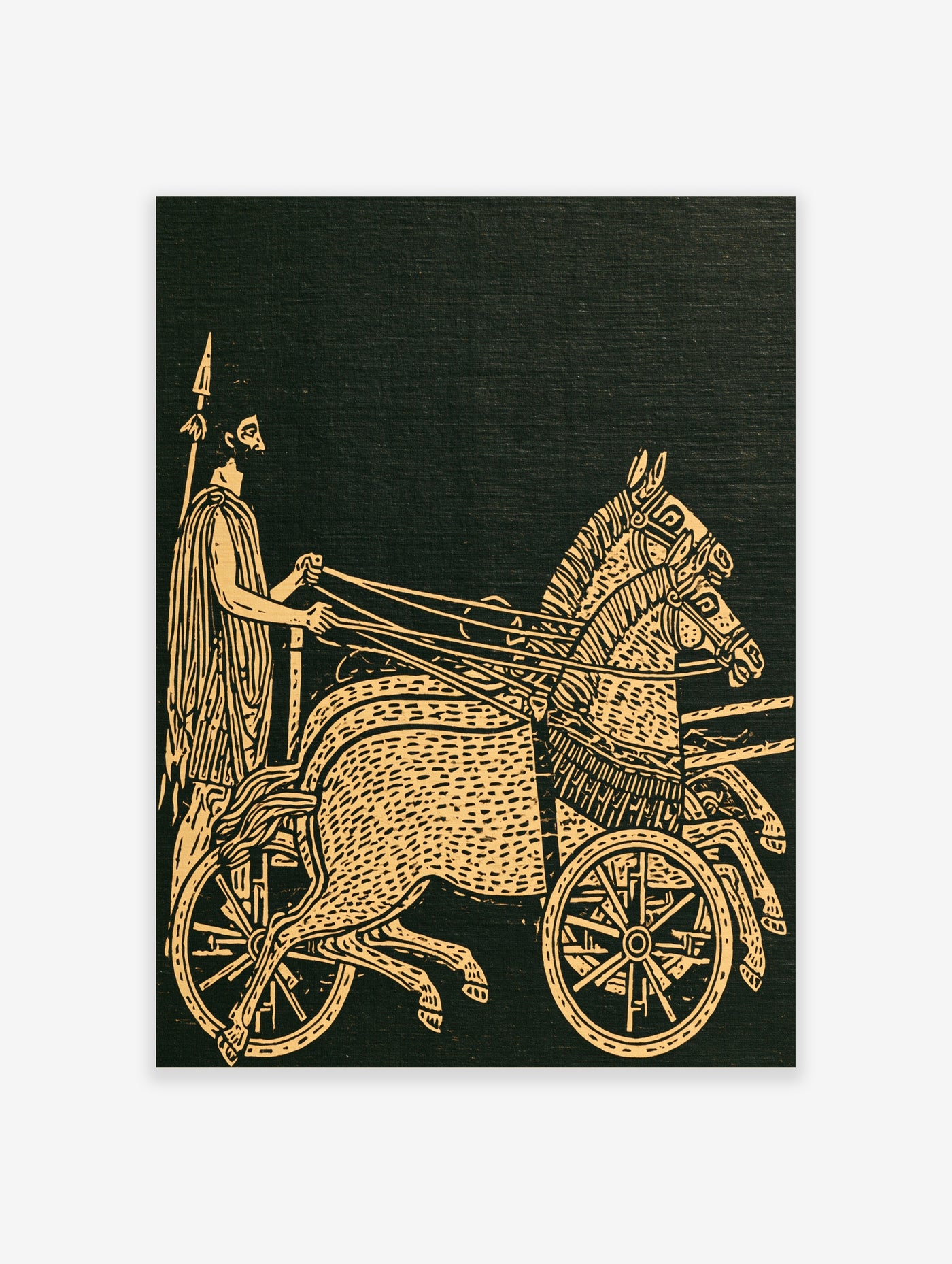 Gold illustration of ancient charioteer driving two-horse chariot on black background