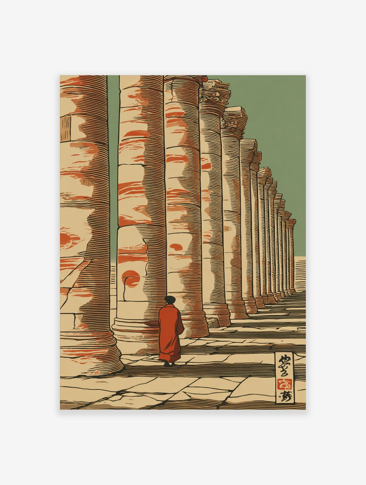 Lone figure in red robe among ancient columns, Japanese woodblock style print