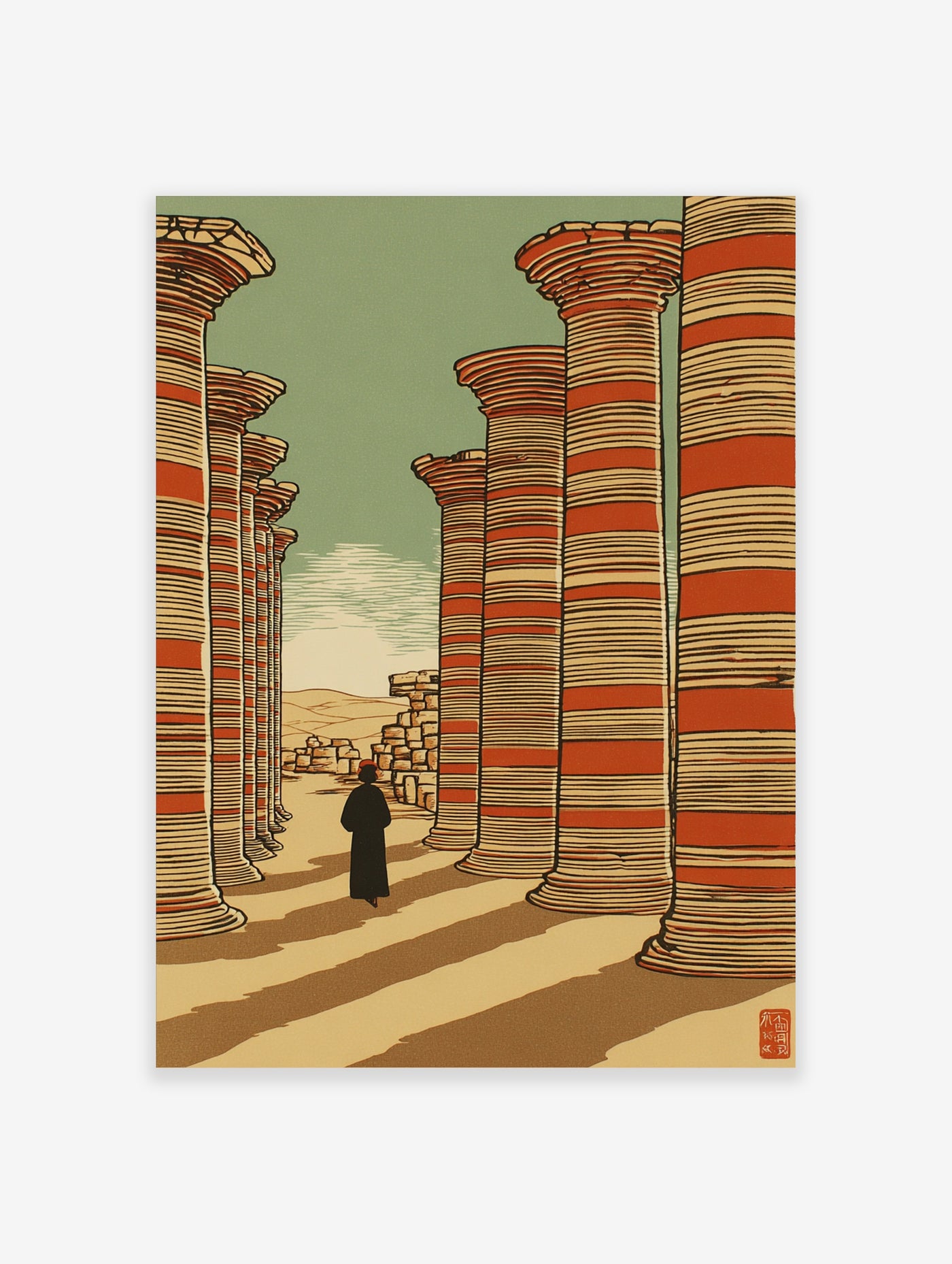 Illustration of a person walking between striped Egyptian columns in a desert with green sky