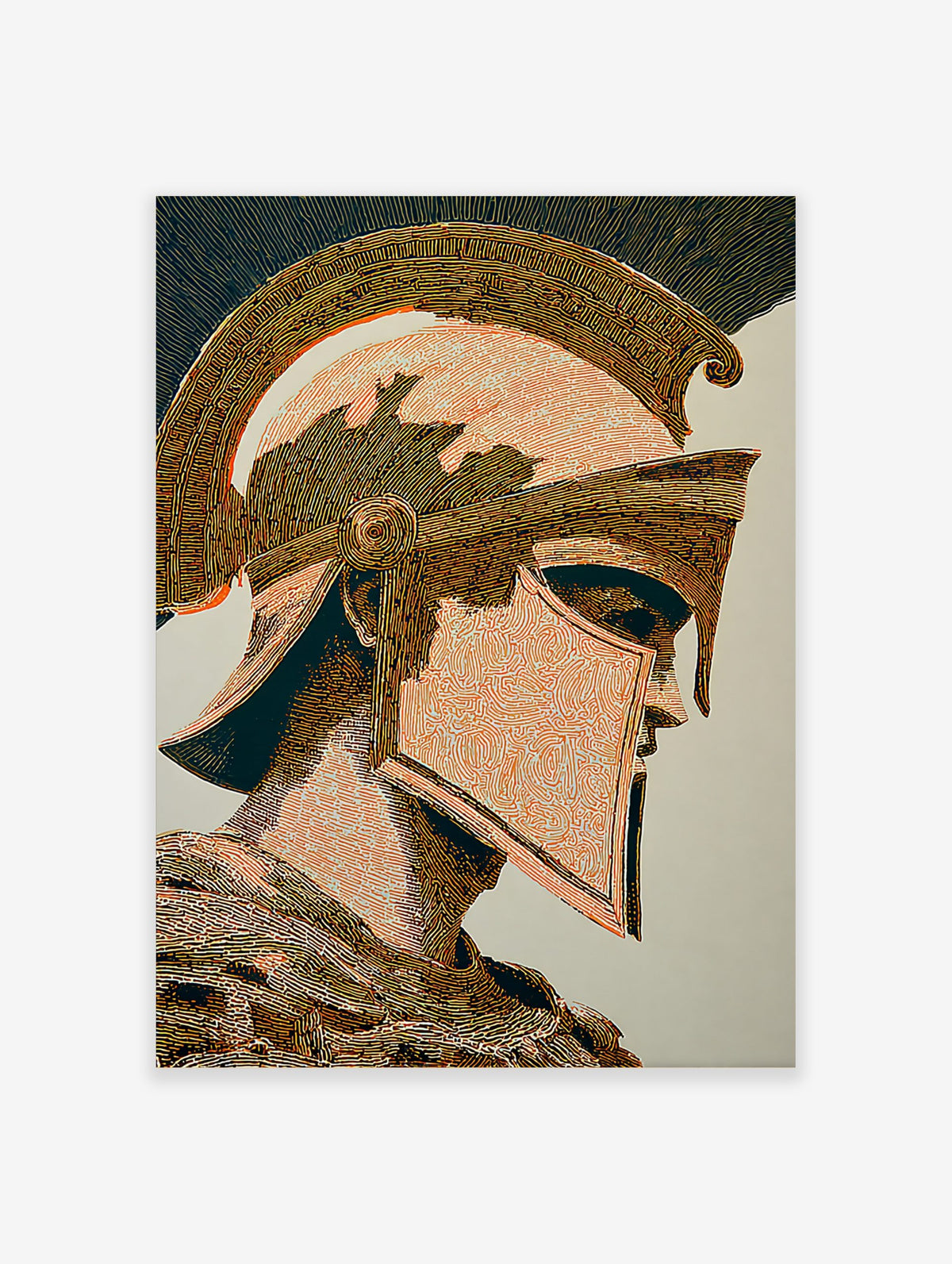 Ancient Spartan warrior helmet and armour depicted in profile with intricate orange and brown line art style