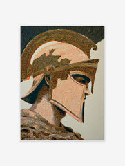 Ancient Spartan warrior helmet and armour depicted in profile with intricate orange and brown line art style