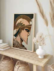 Ancient Spartan warrior helmet and armour depicted in profile with intricate orange and brown, in an alternate framed mockup