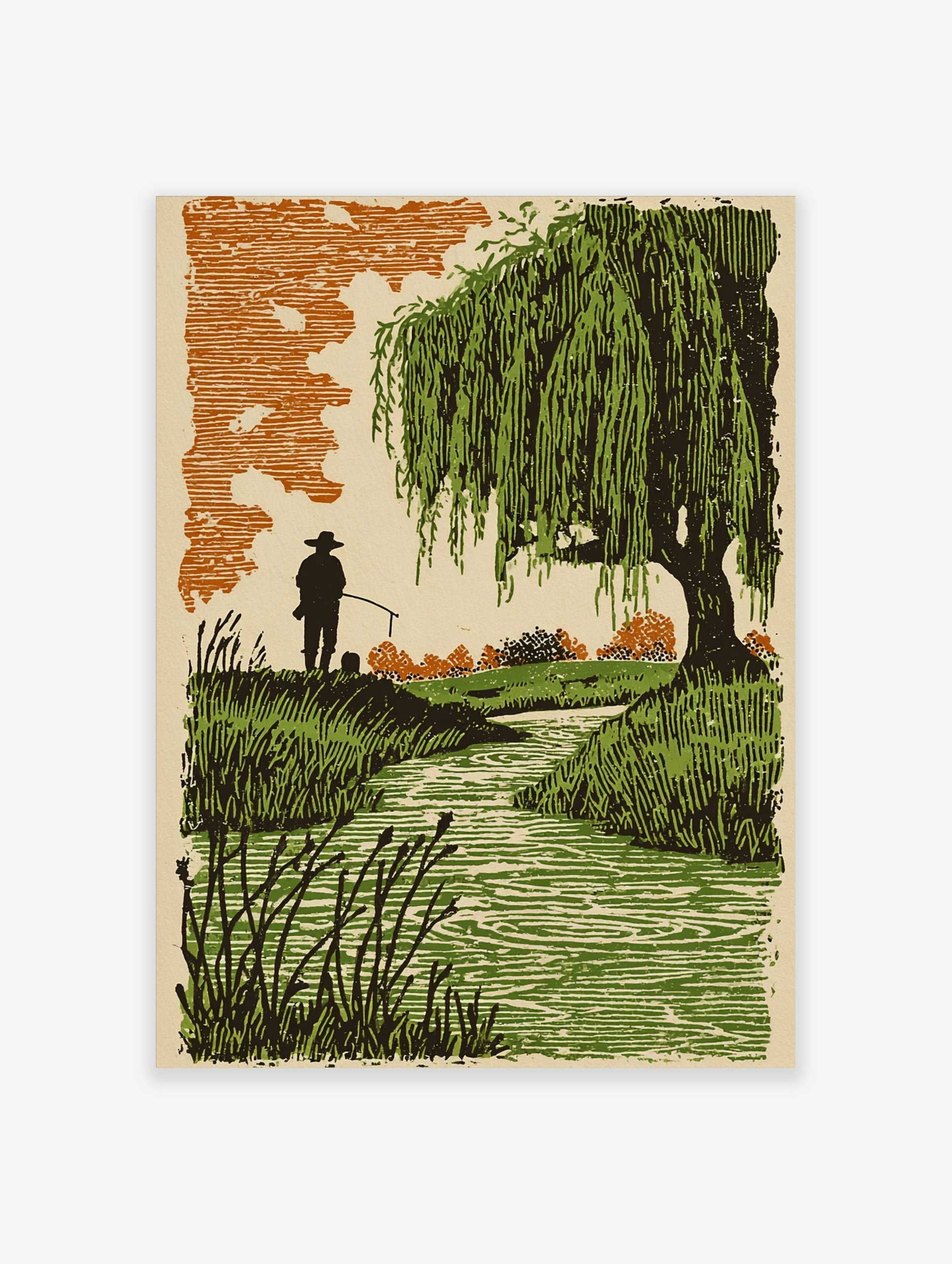 Lino-cut style print of an angler fishing by a green stream with weeping willow tree and orange sky