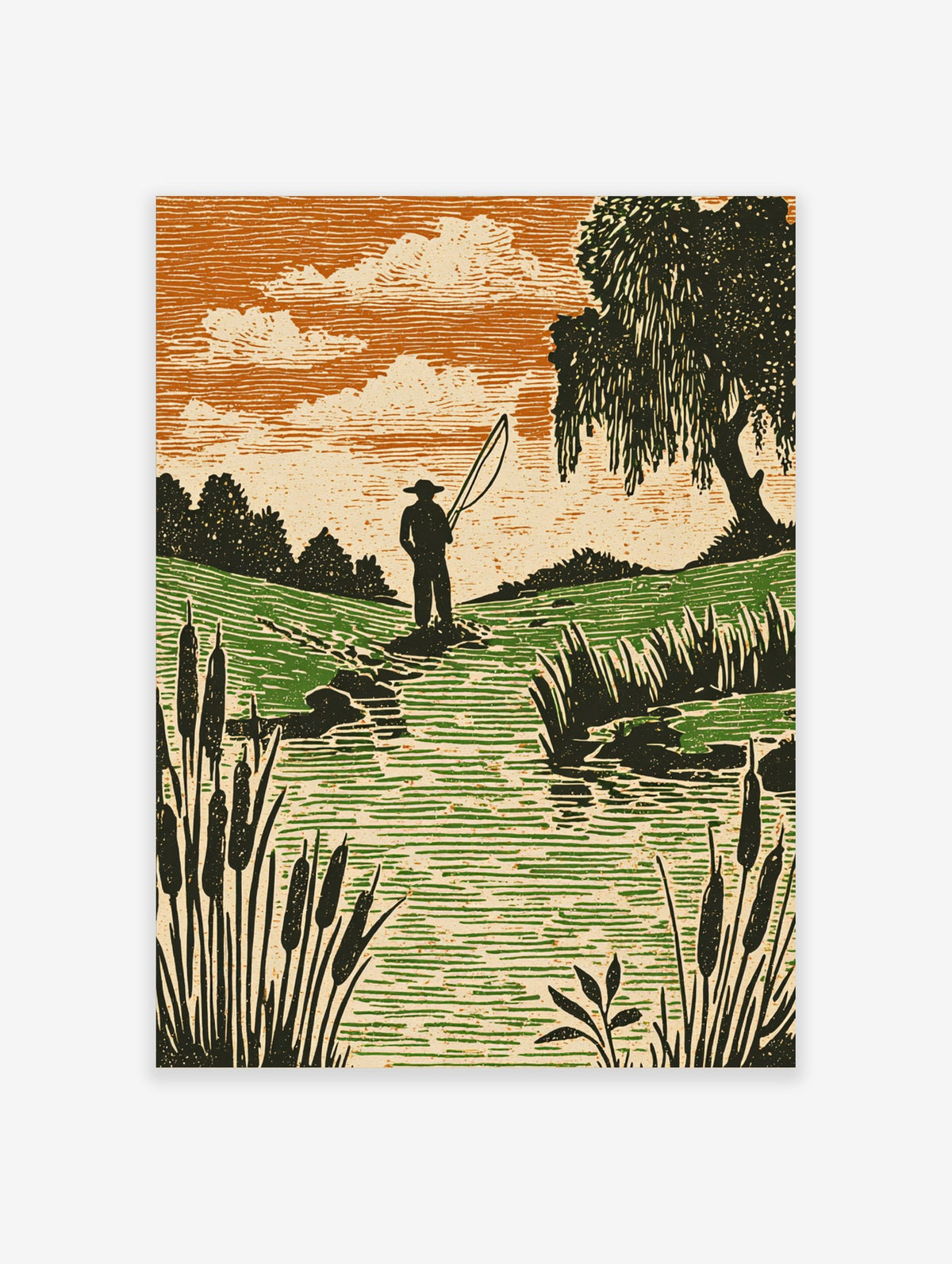 Woodcut style print of an angler fishing in a stream with green fields, orange sky, and cattails