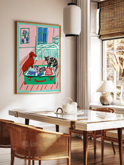 Painting of a brown dog and striped cat looking into an open green suitcase with clothes in a pink bedroom. - Image 2