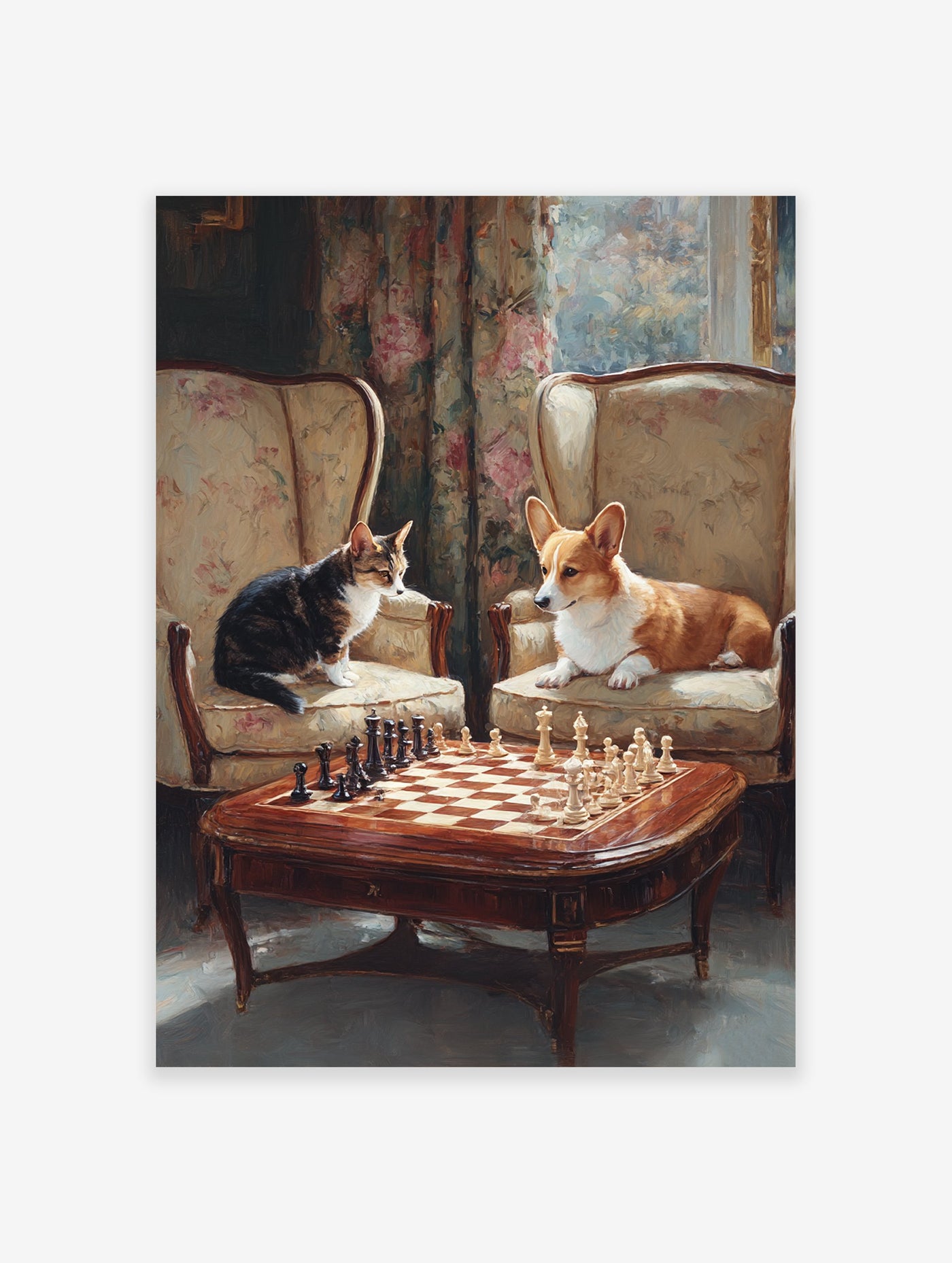 Whimsical animal chess art painting with a tabby cat and a corgi dog playing chess in a grand room.