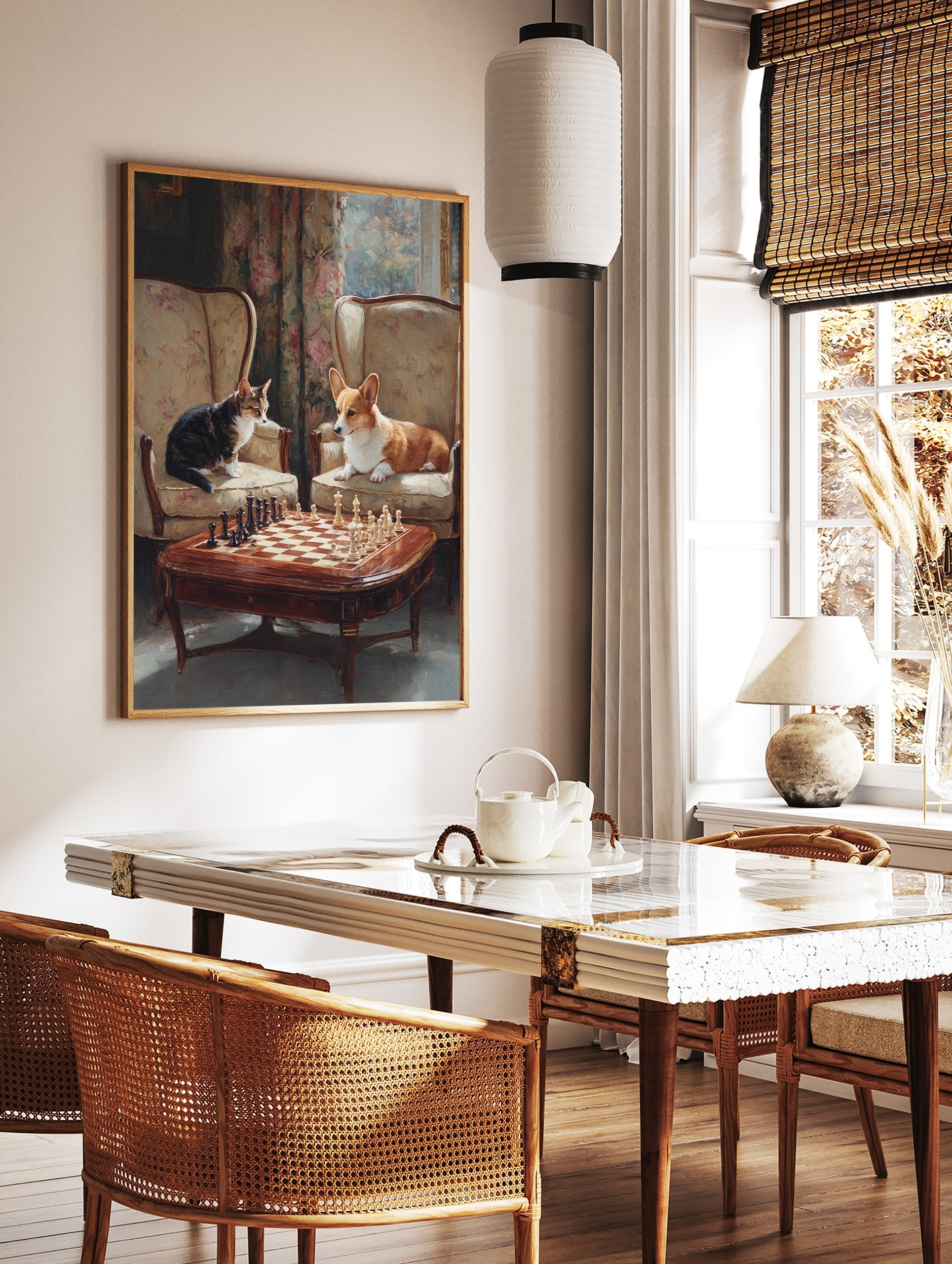 Whimsical animal chess art painting with a tabby cat and a corgi dog playing chess in a grand room. - Image 2