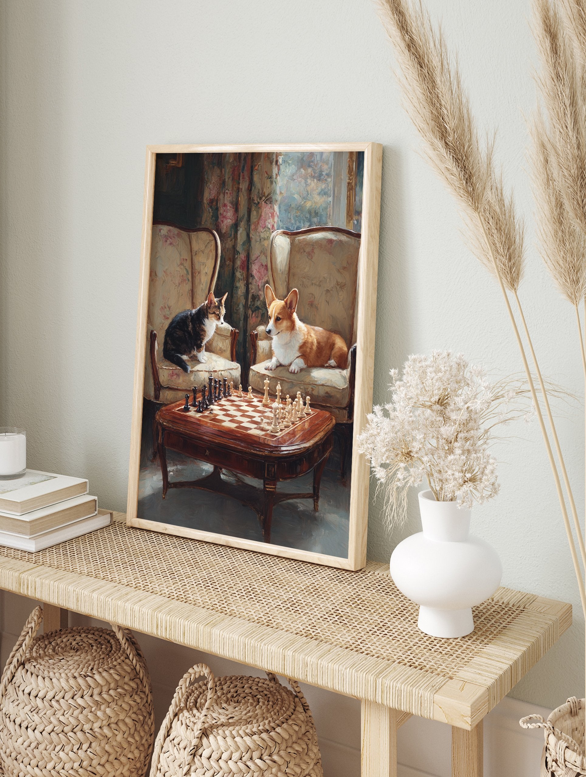 Whimsical animal chess art painting with a tabby cat and a corgi dog playing chess in a grand room. - Image 3