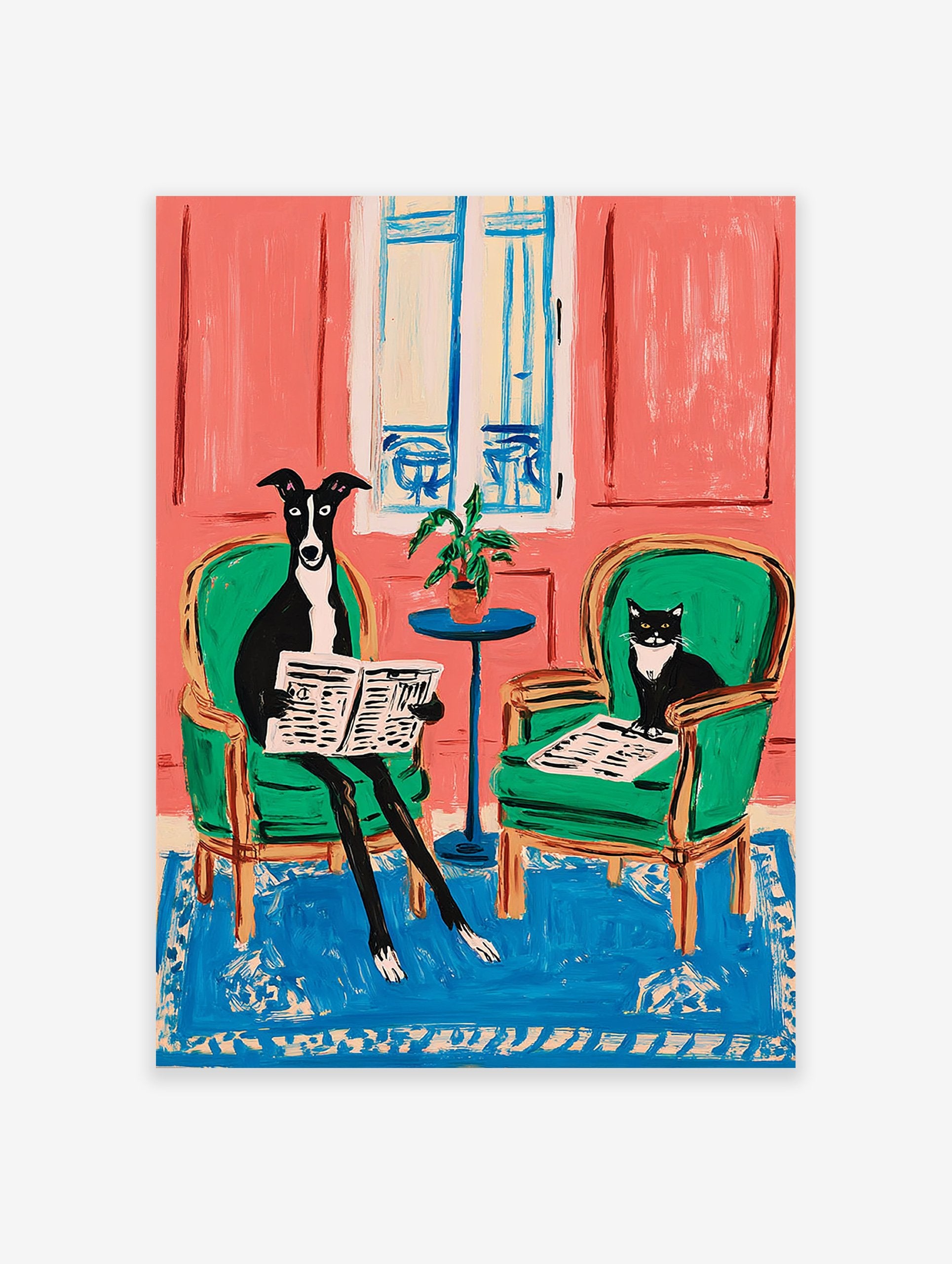 Illustrative animal wall art featuring a black and white dog and cat reading newspapers in green chairs against a pink wall.