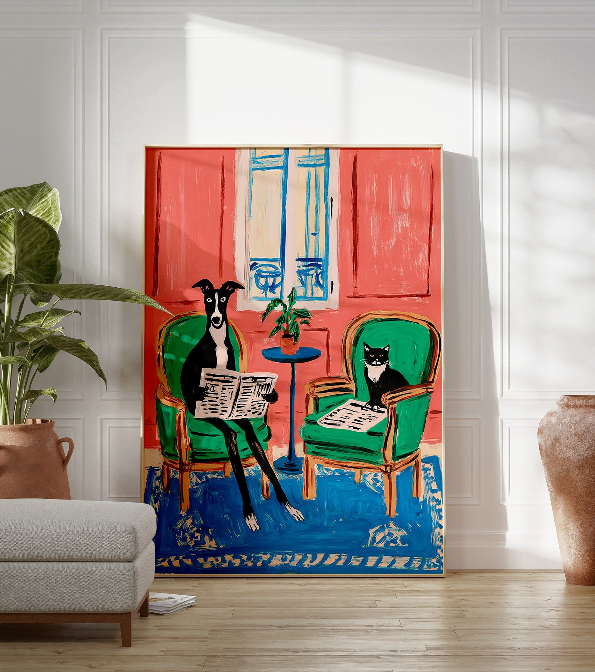 Illustrative animal wall art featuring a black and white dog and cat reading newspapers in green chairs against a pink wall. - Image 3