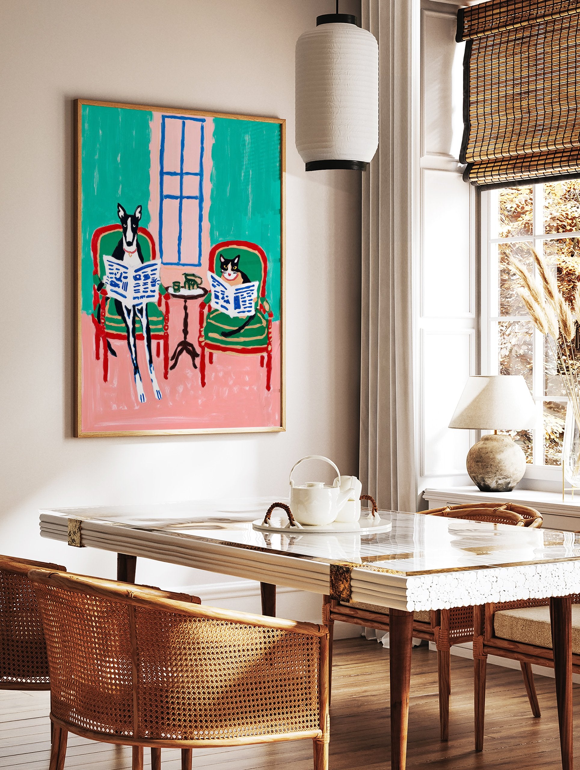 Whimsical animal wall art print depicting a black and white dog and cat reading newspapers in armchairs. - Image 2