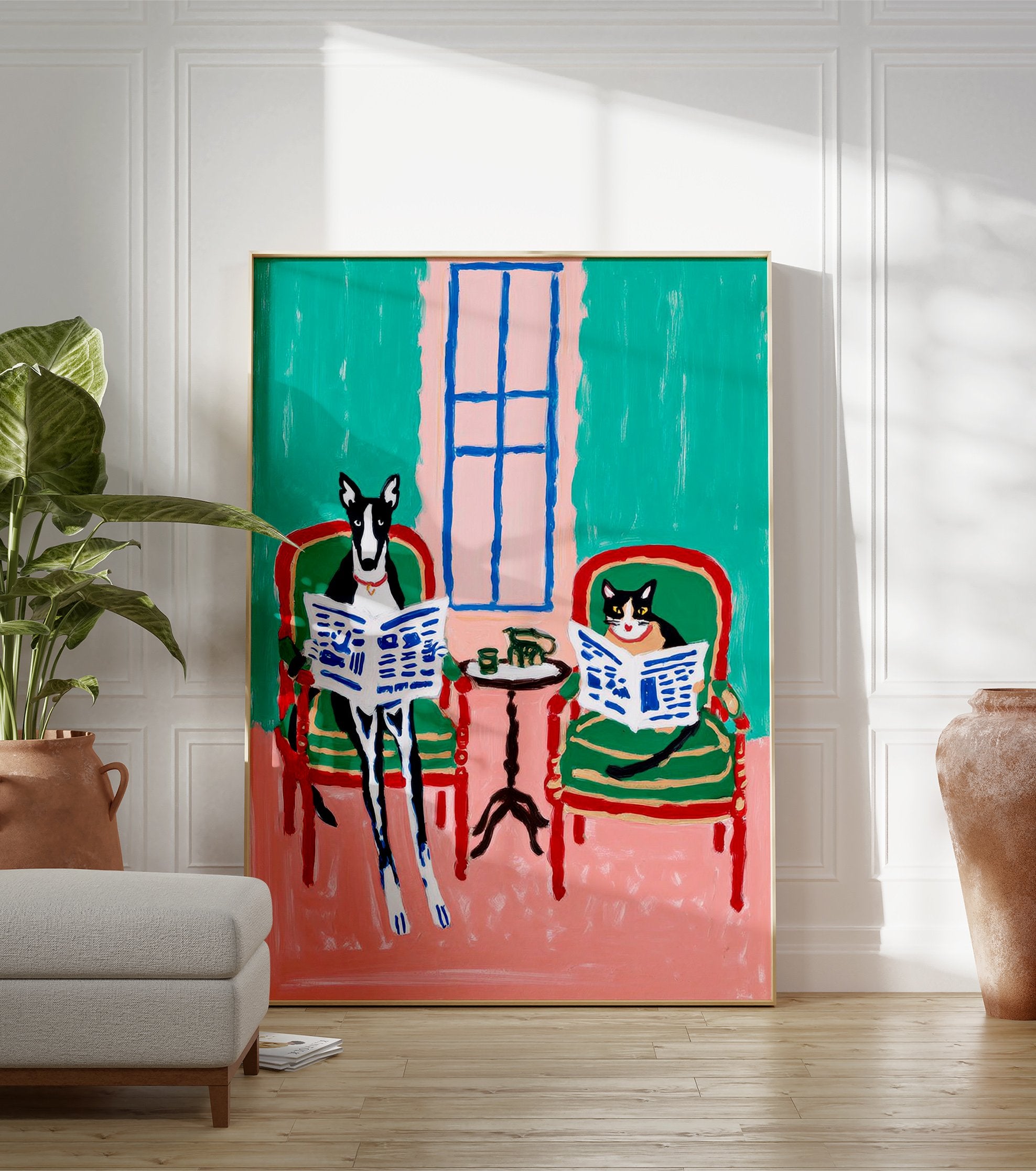 Whimsical animal wall art print depicting a black and white dog and cat reading newspapers in armchairs. - Image 3