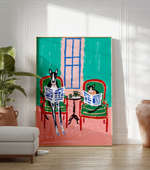 Whimsical animal wall art print depicting a black and white dog and cat reading newspapers in armchairs. - Image 3