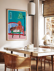 Illustrative animal wall art featuring a brown dog and a spotted cat reading a book on a blue striped couch with a green lamp. - Image 2
