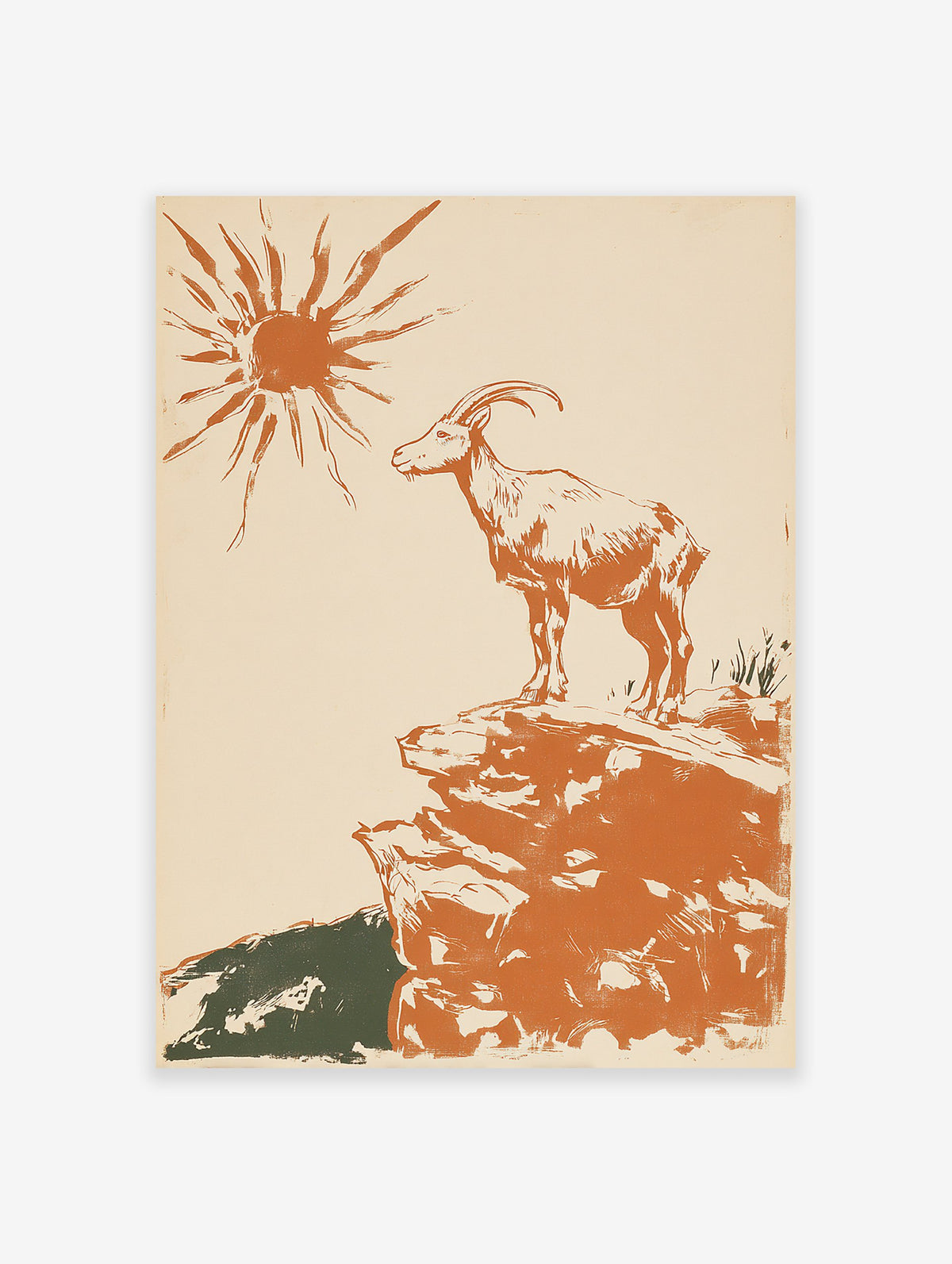 Orange illustrative print of a mountain goat on a rocky cliff under a stylized sun. Vintage animal wall art.
