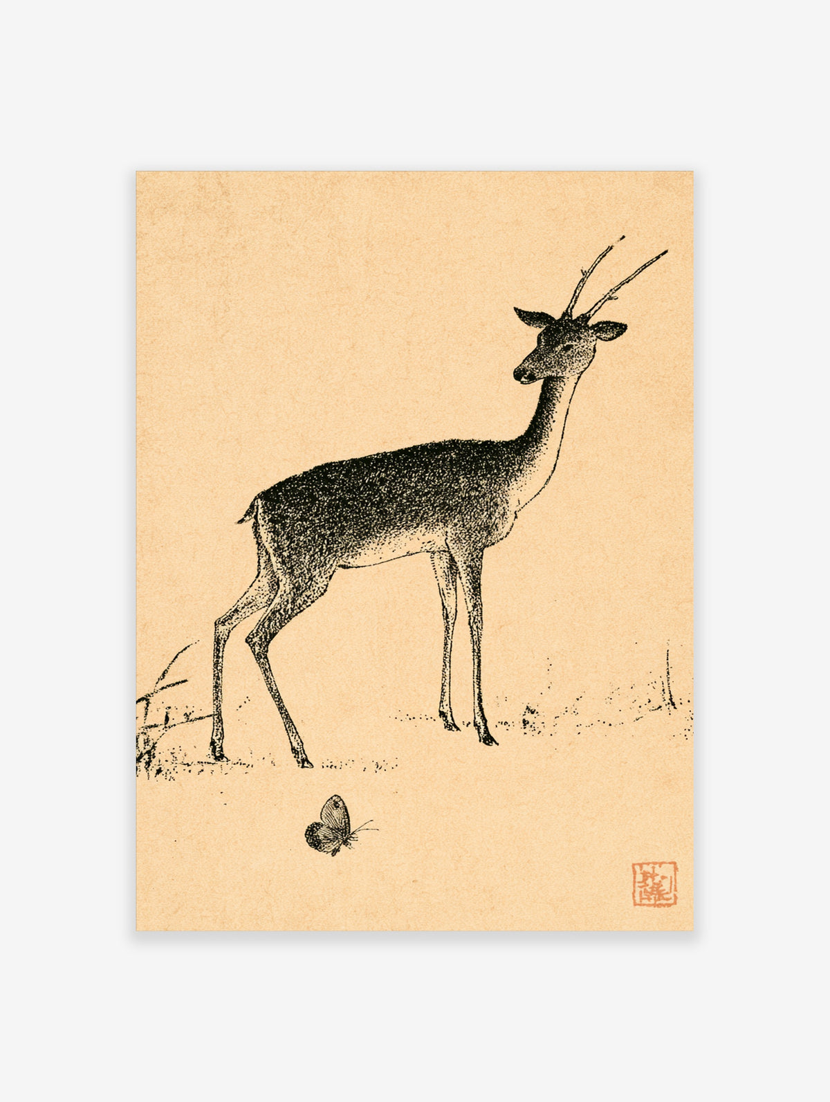 Vintage-style antelope and butterfly poster with black ink stippling on beige background