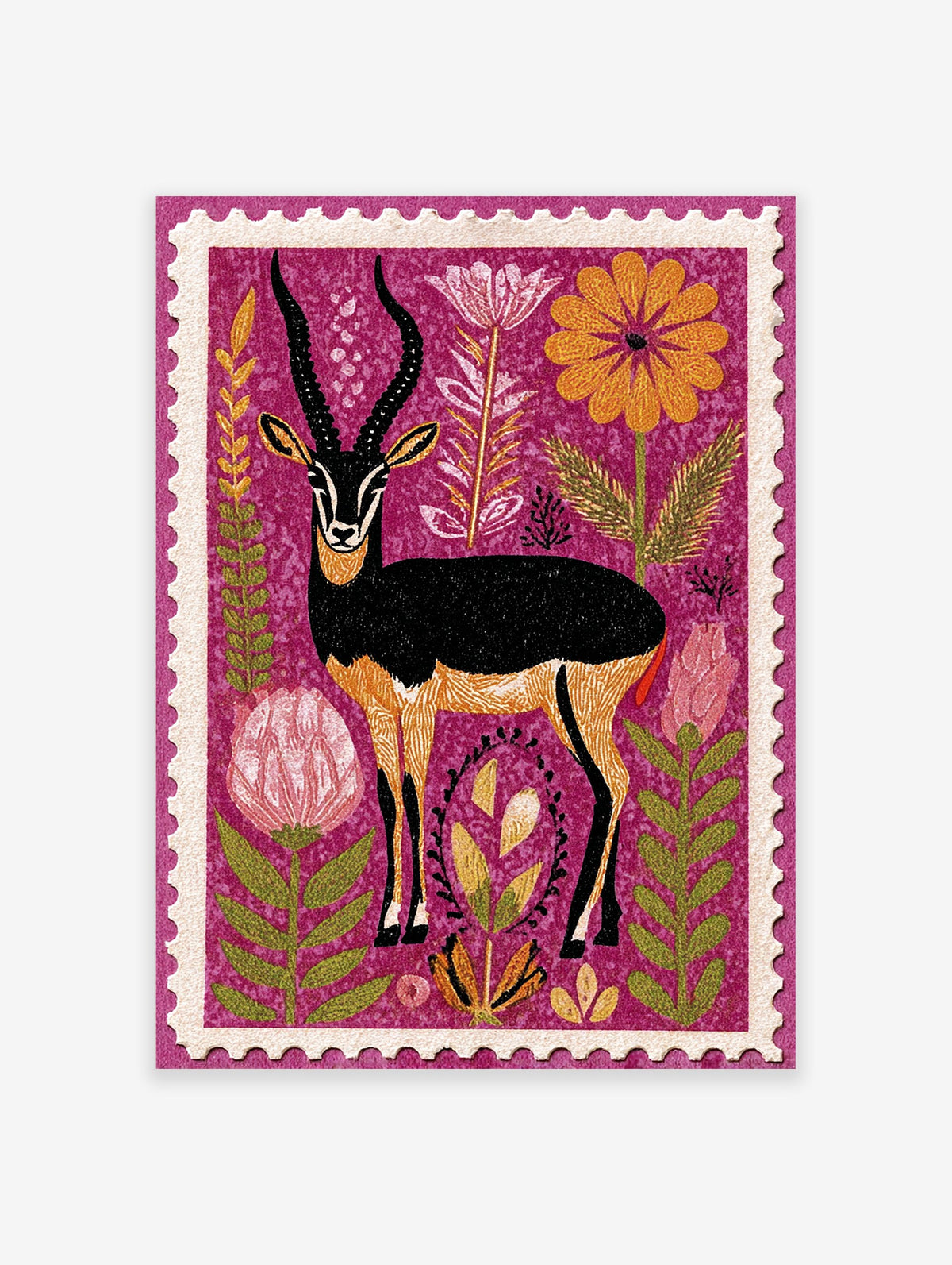 Illustrated stamp art print of a black antelope with long horns, orange markings, and vibrant flowers on a purple background.