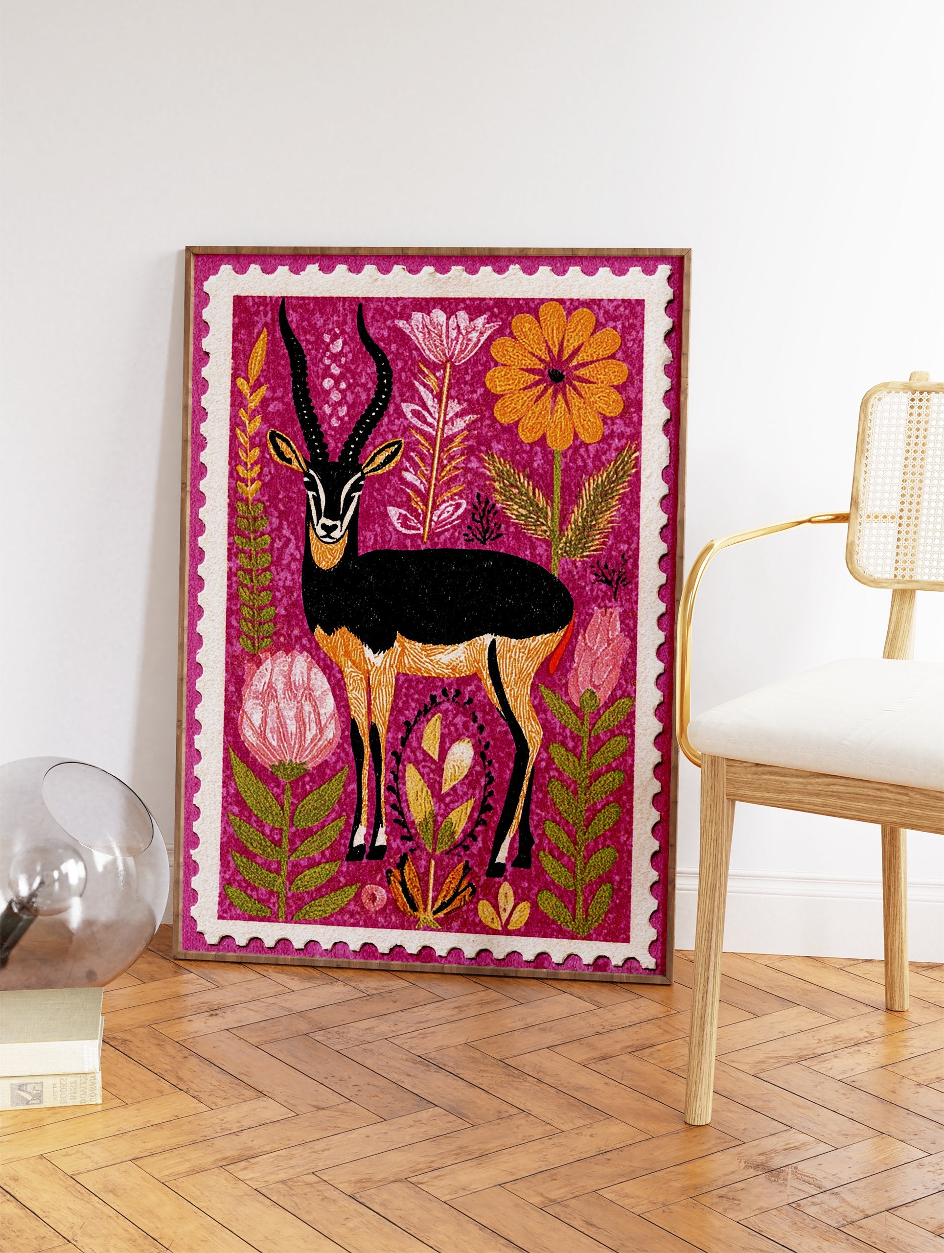 Illustrated stamp art print of a black antelope with long horns, orange markings, and vibrant flowers on a purple background. - Image 2