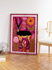 Illustrated stamp art print of a black antelope with long horns, orange markings, and vibrant flowers on a purple background. - Image 2