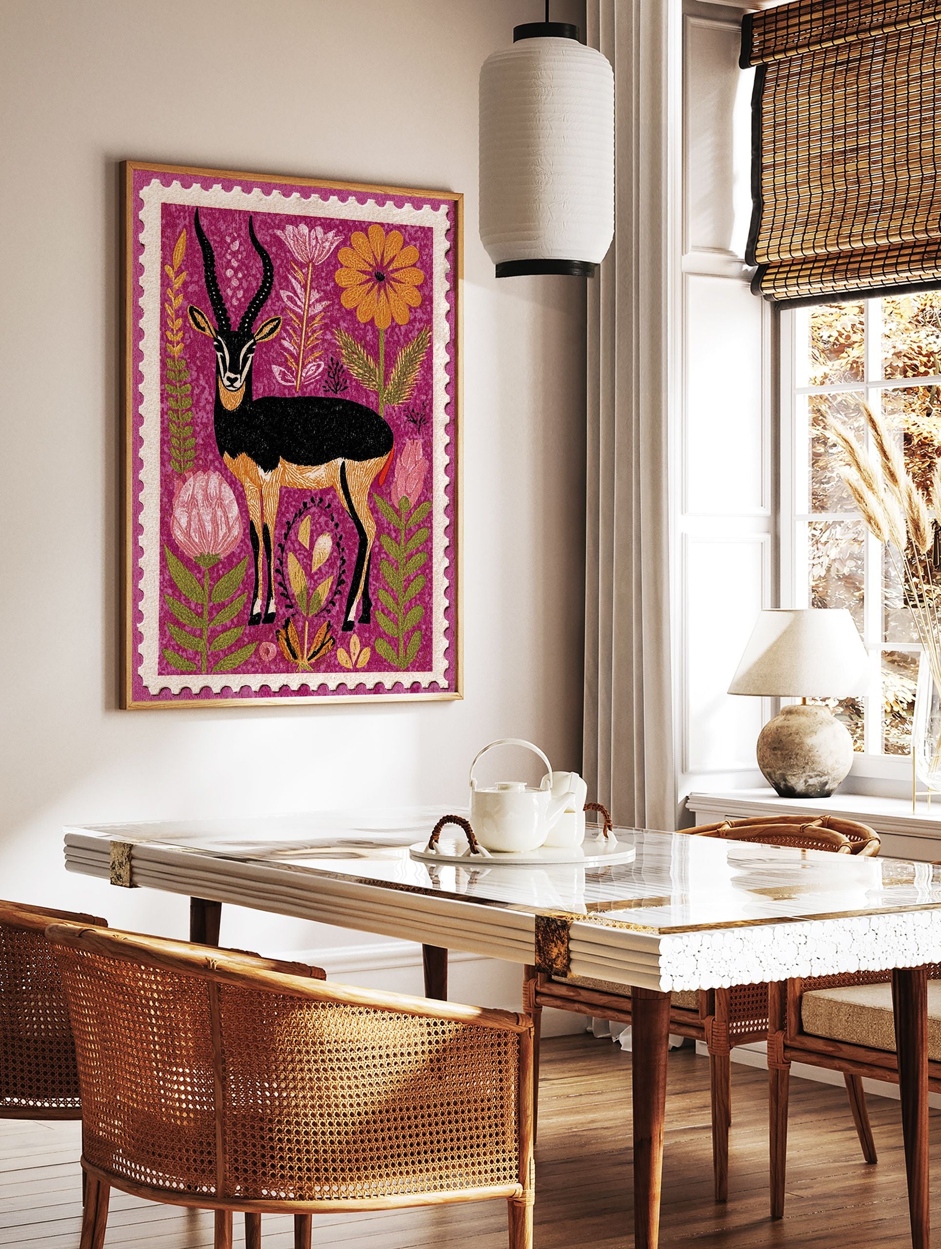 Illustrated stamp art print of a black antelope with long horns, orange markings, and vibrant flowers on a purple background. - Image 3