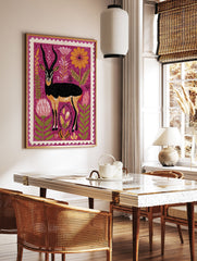Illustrated stamp art print of a black antelope with long horns, orange markings, and vibrant flowers on a purple background. - Image 3