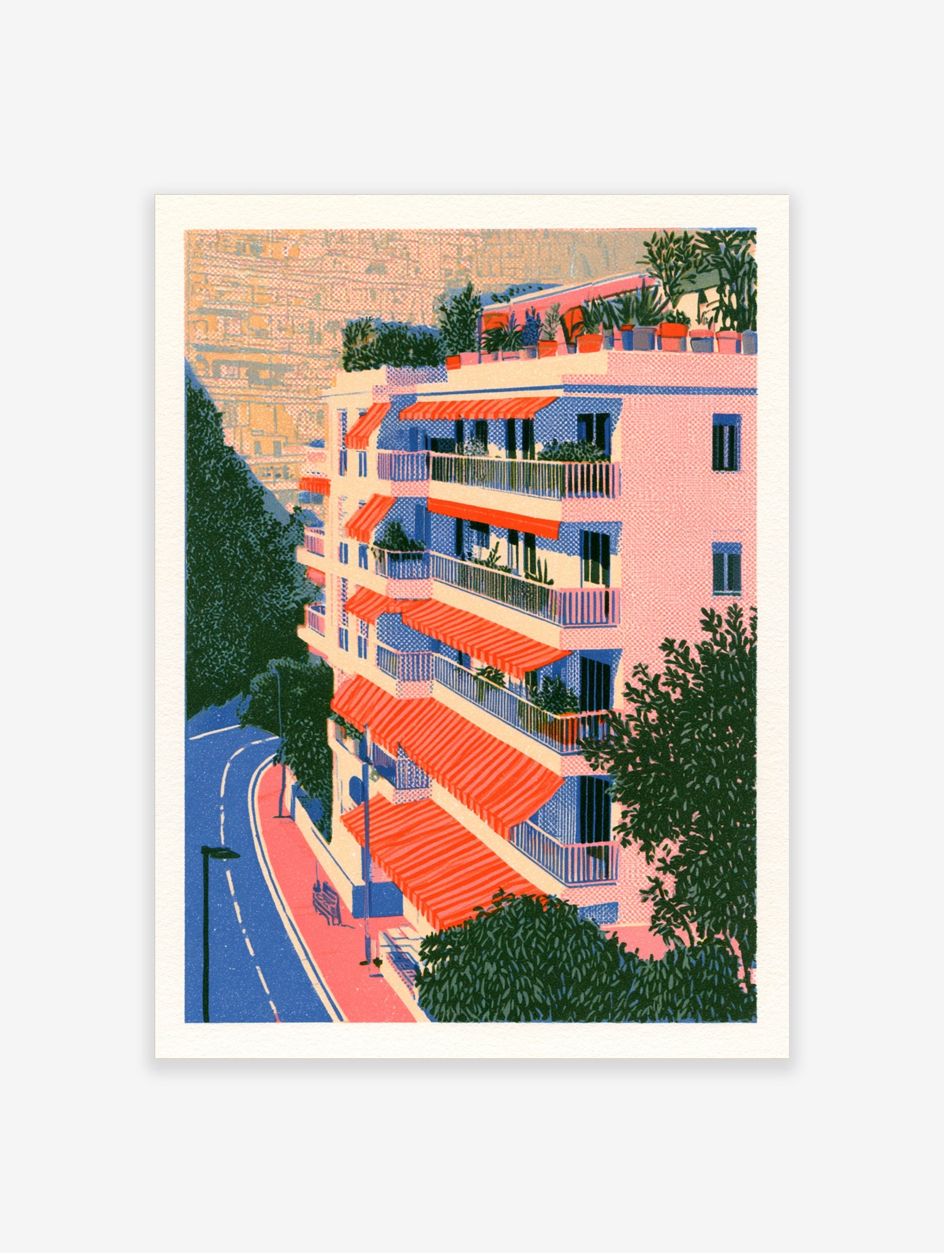 Architectural illustration of a residential building with orange awnings, balconies, and a rooftop garden on a street