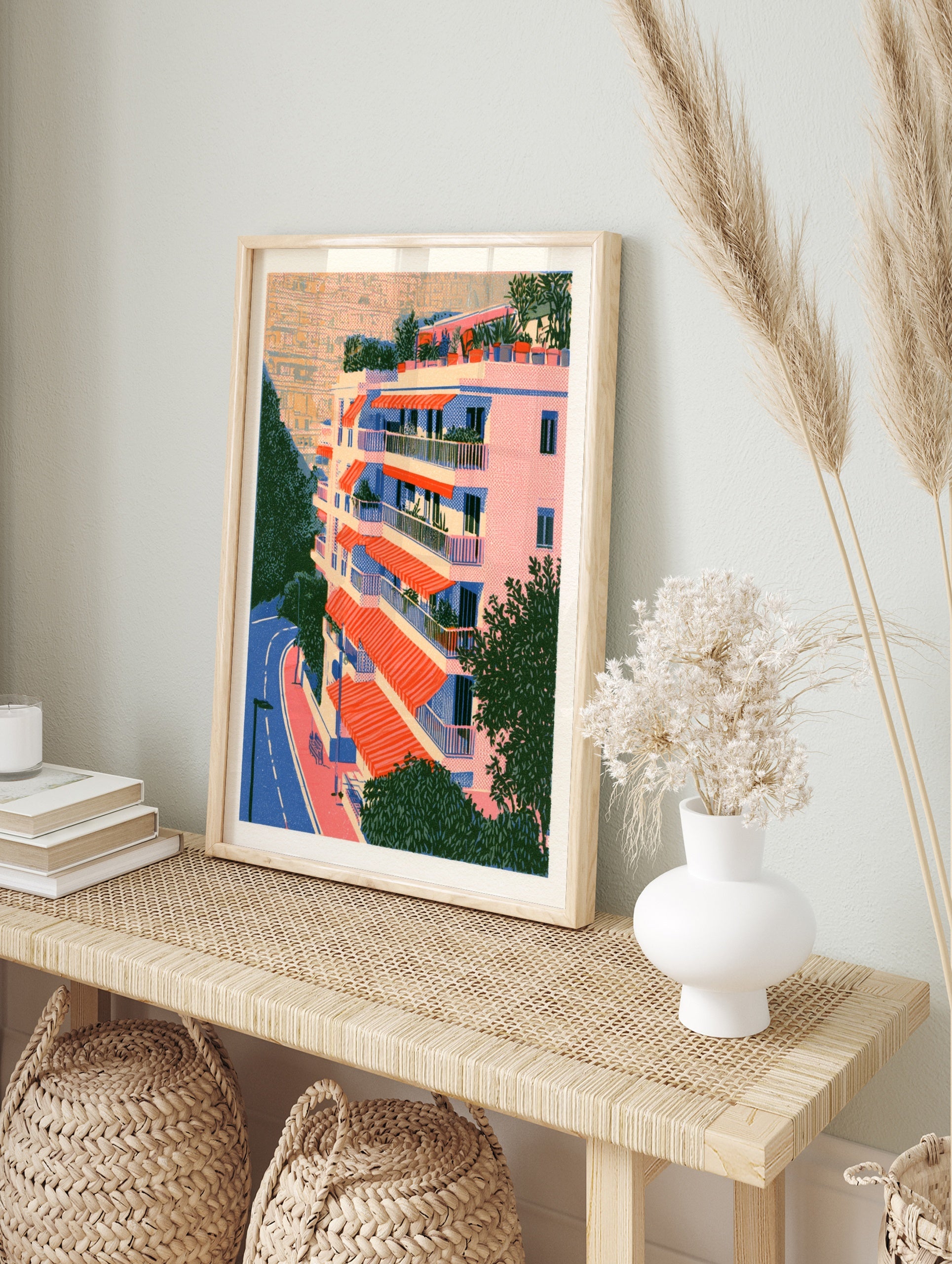 Architectural illustration of a residential building with orange awnings, balconies, and a, in an alternate framed mockup