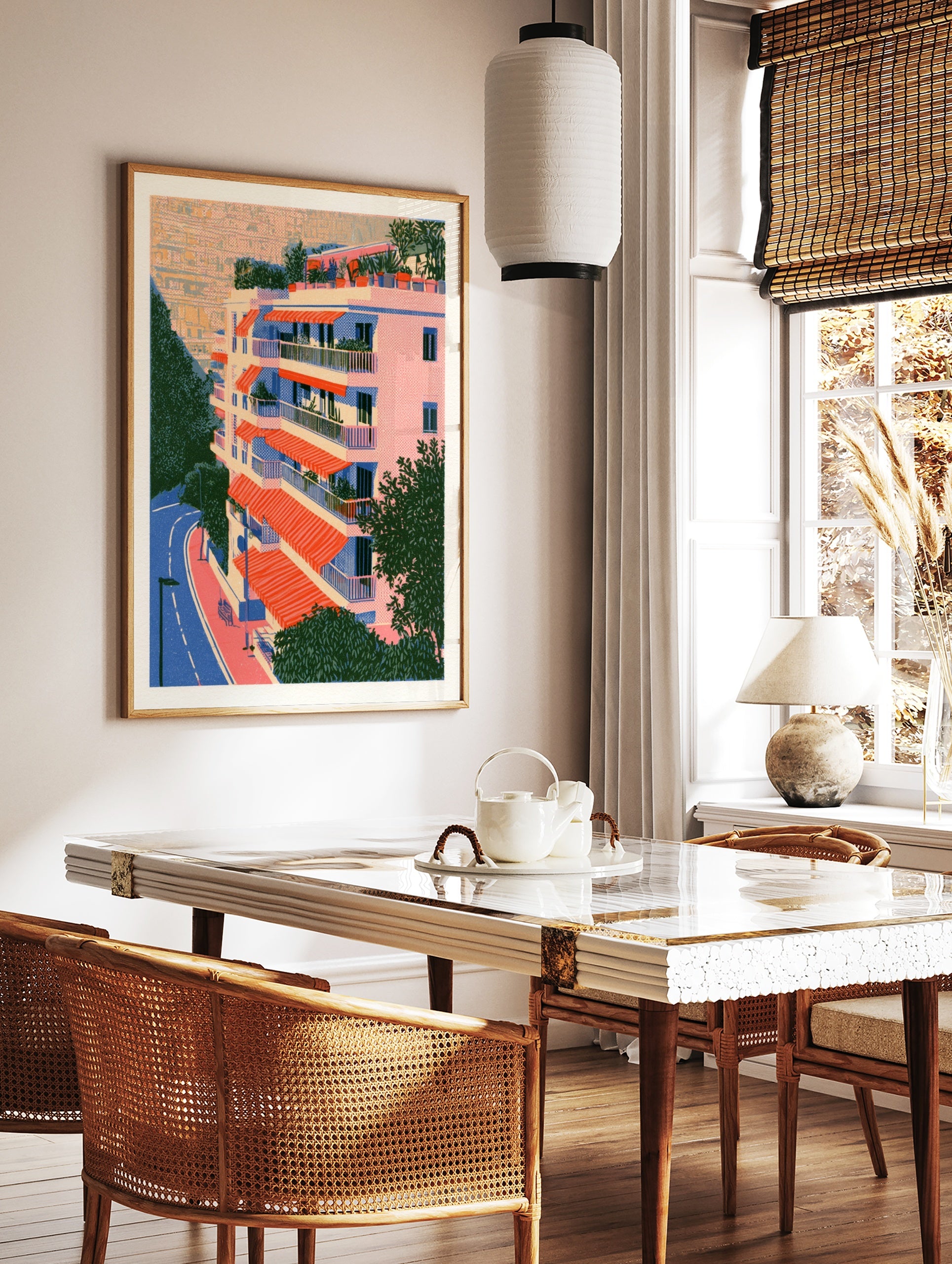 Architectural illustration of a residential building with orange awnings, balconies, and a rooftop, in a styled room mockup