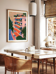 Architectural illustration of a residential building with orange awnings, balconies, and a rooftop, in a styled room mockup