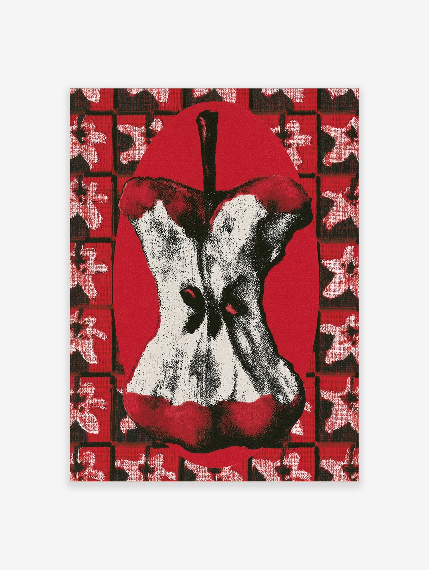 Graphic apple core illustration on a red and black grid background with white floral motifs