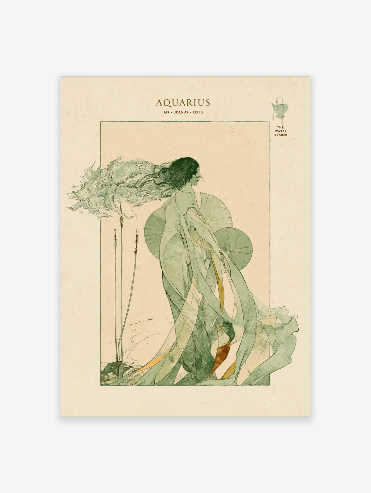 Aquarius zodiac poster with Art Nouveau water bearer, green hair, lotus leaves, reeds, and serif text