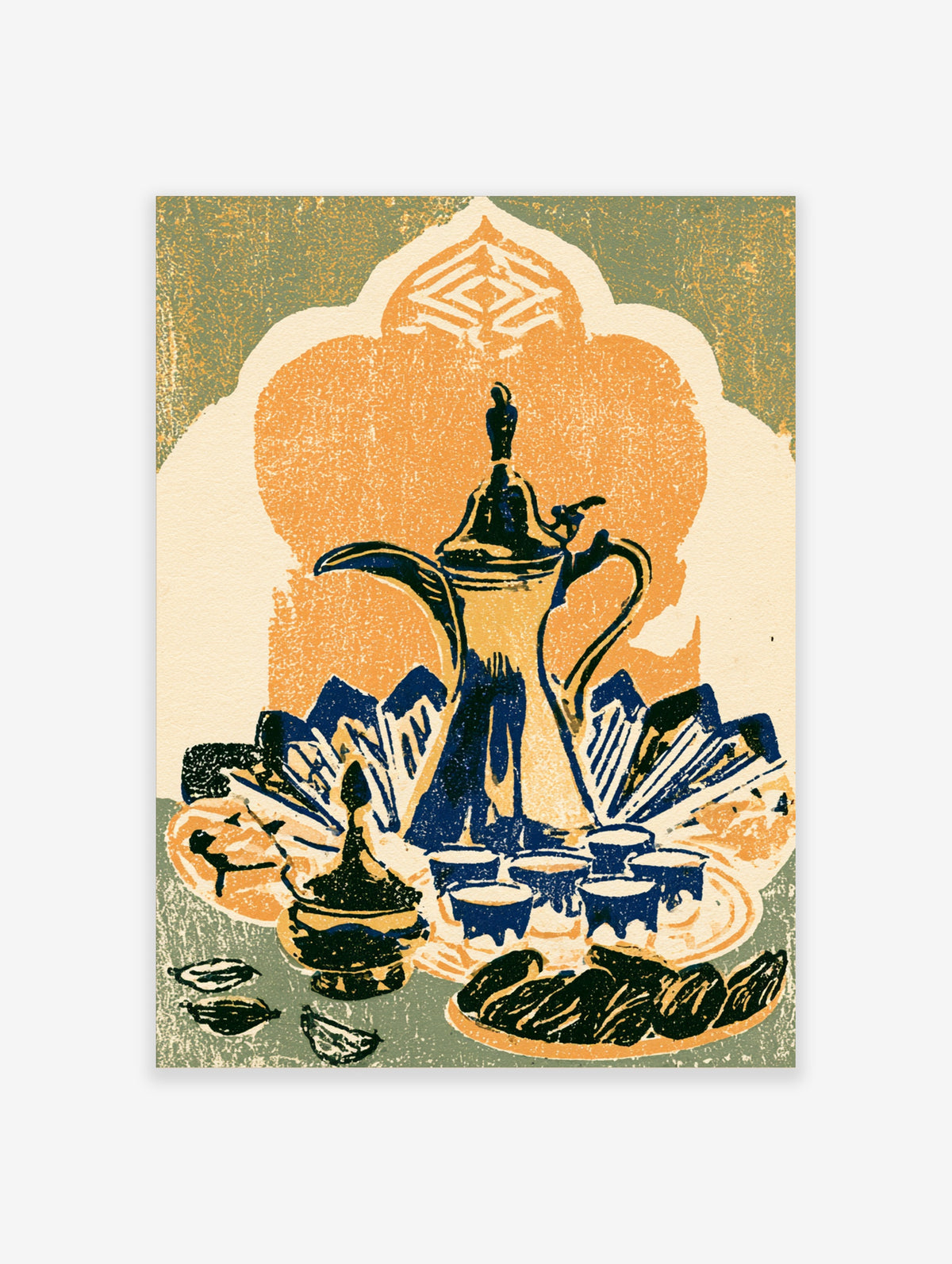 Arabic coffee pot poster with brass dallah, small cups, dates and geometric arch in blue, orange and cream