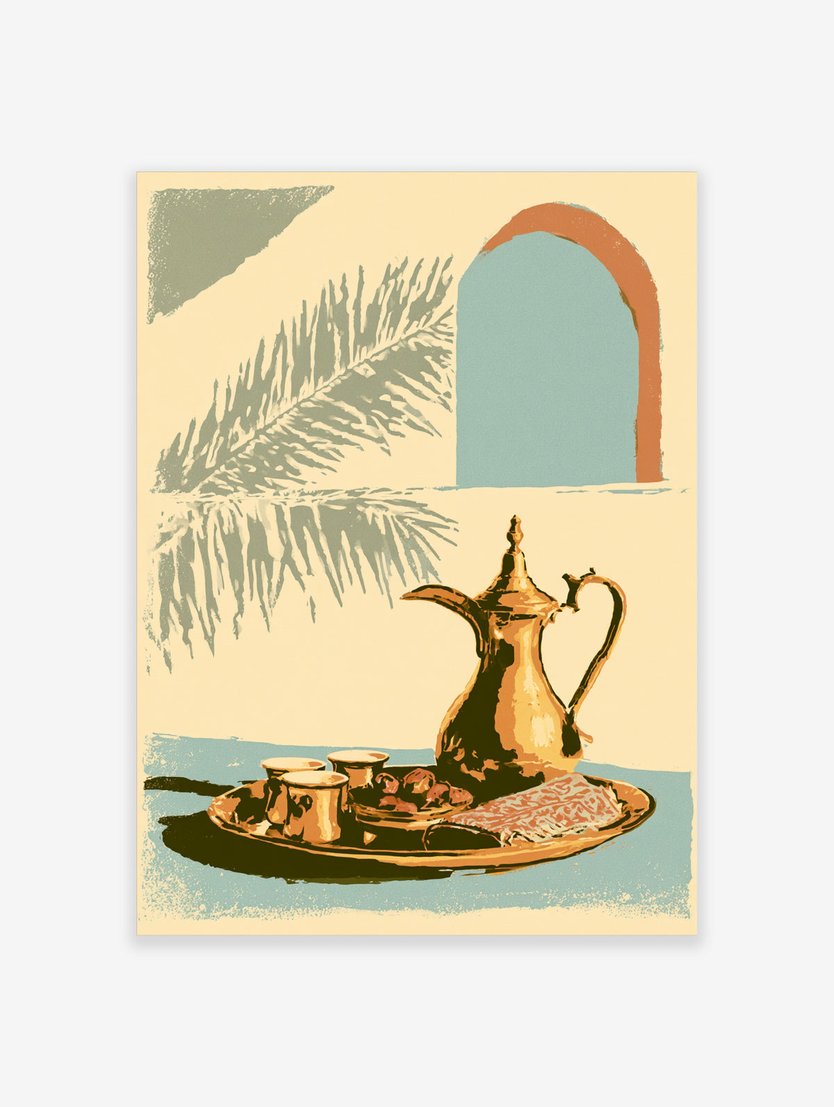Arabic coffee pot poster with brass dallah, cups, dates, and palm frond shadow on pale wall