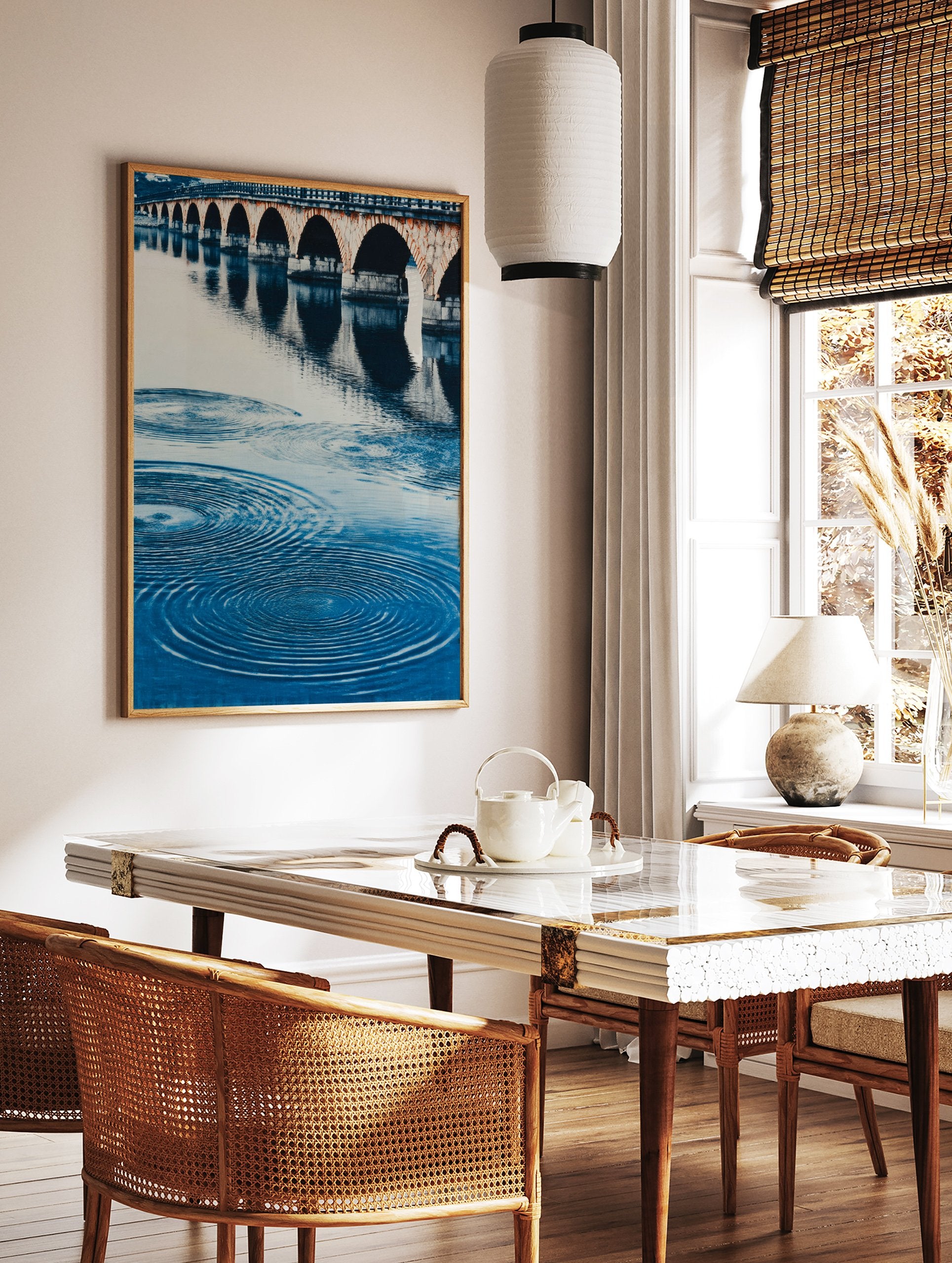 A blue water arch bridge poster featuring a stone bridge with multiple arches reflected in rippling water. - Image 2
