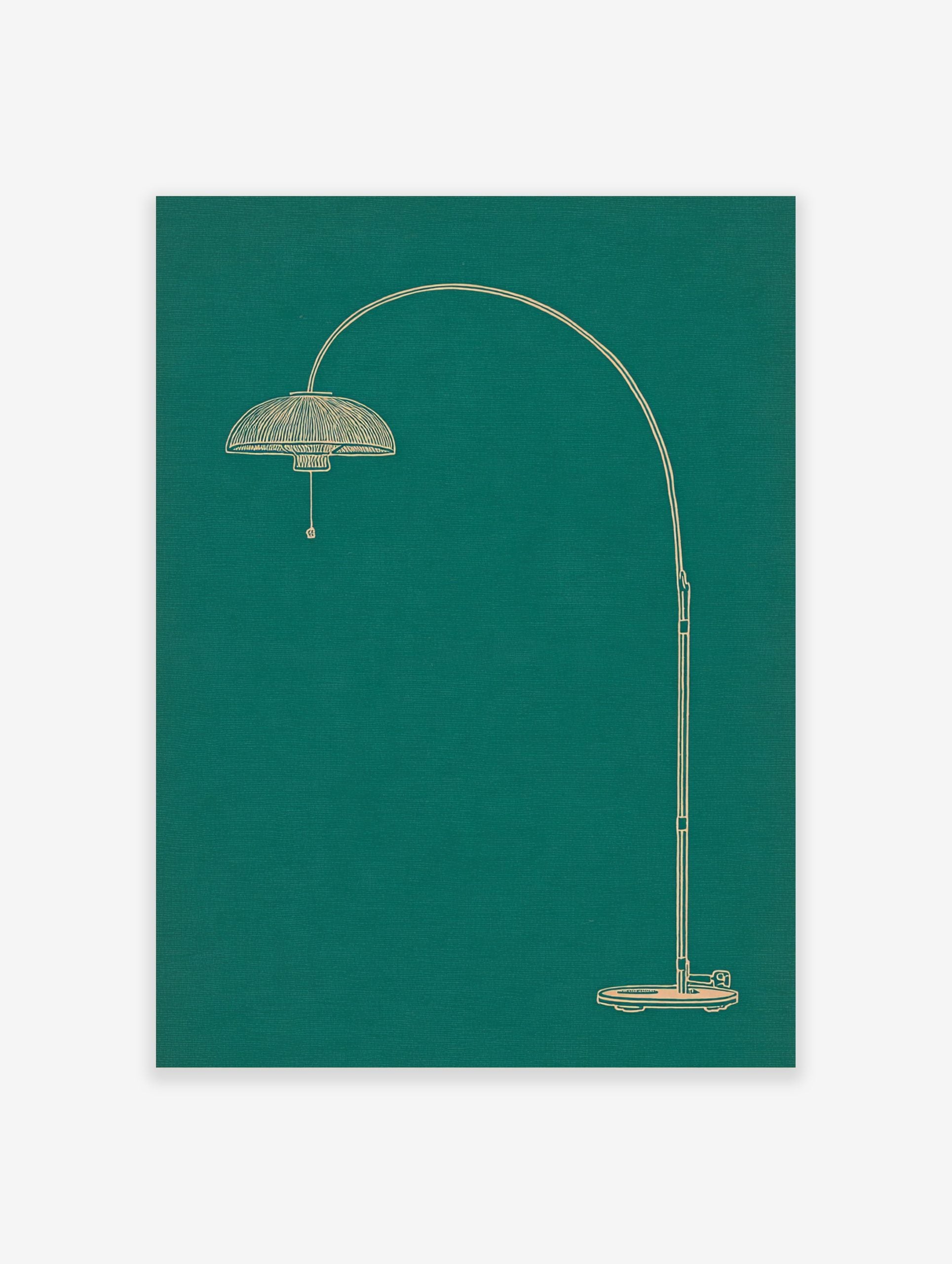 Minimalist line art illustration of an arched floor lamp in light beige on a deep teal background