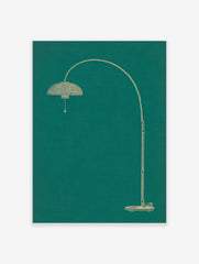 Minimalist line art illustration of an arched floor lamp in light beige on a deep teal background