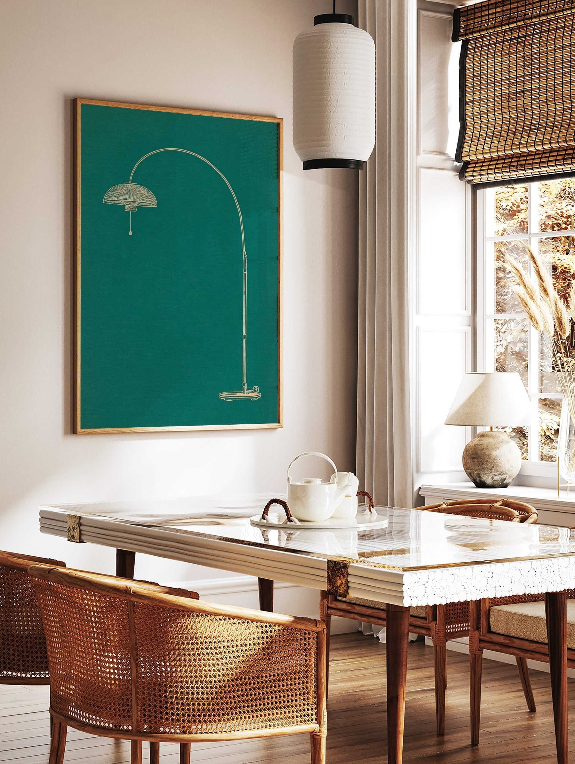 Minimalist line art illustration of an arched floor lamp in light beige on a deep teal background, in a styled room mockup