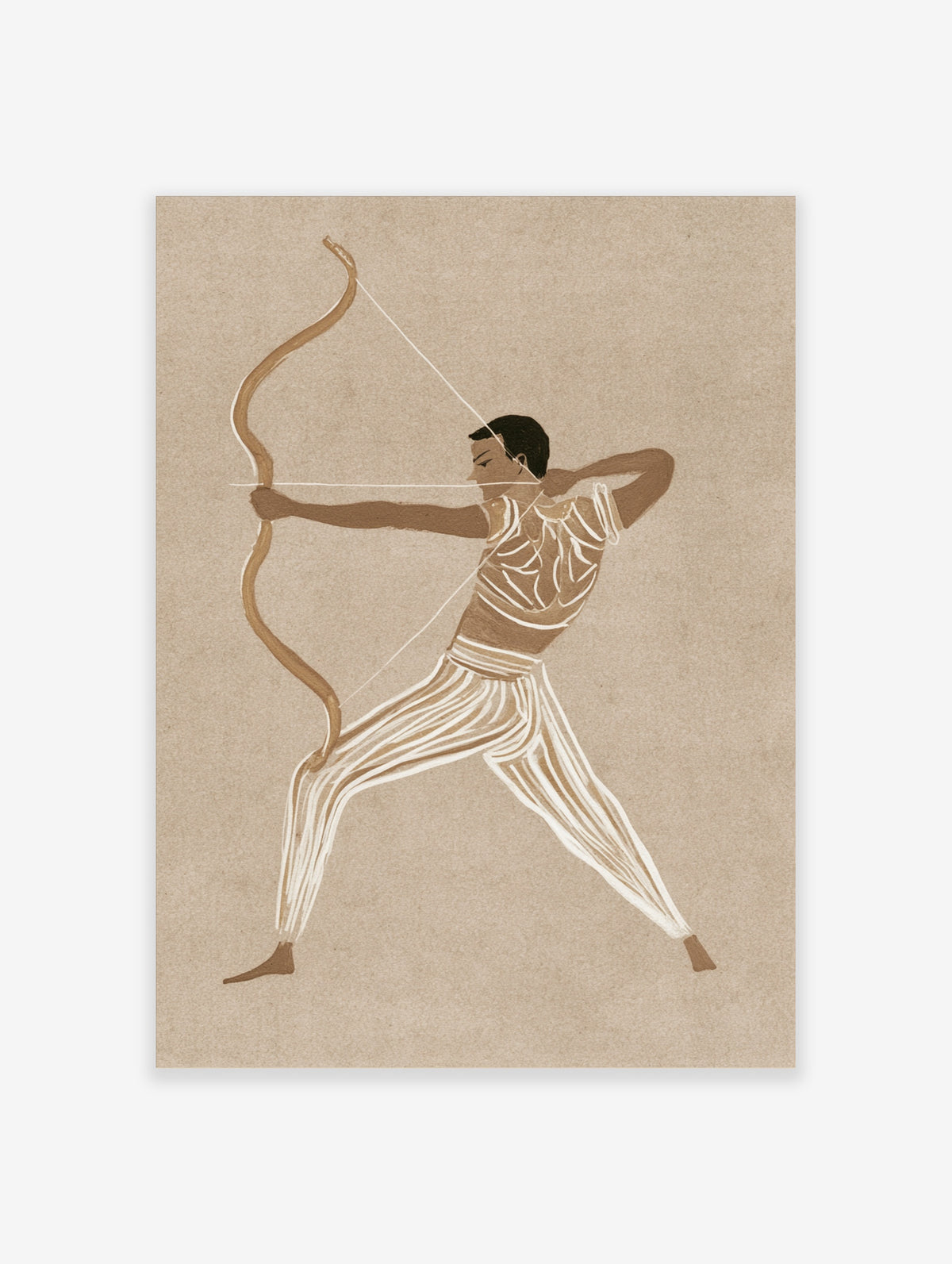 Classical archer drawing a bow in profile, brown and cream illustration on beige background