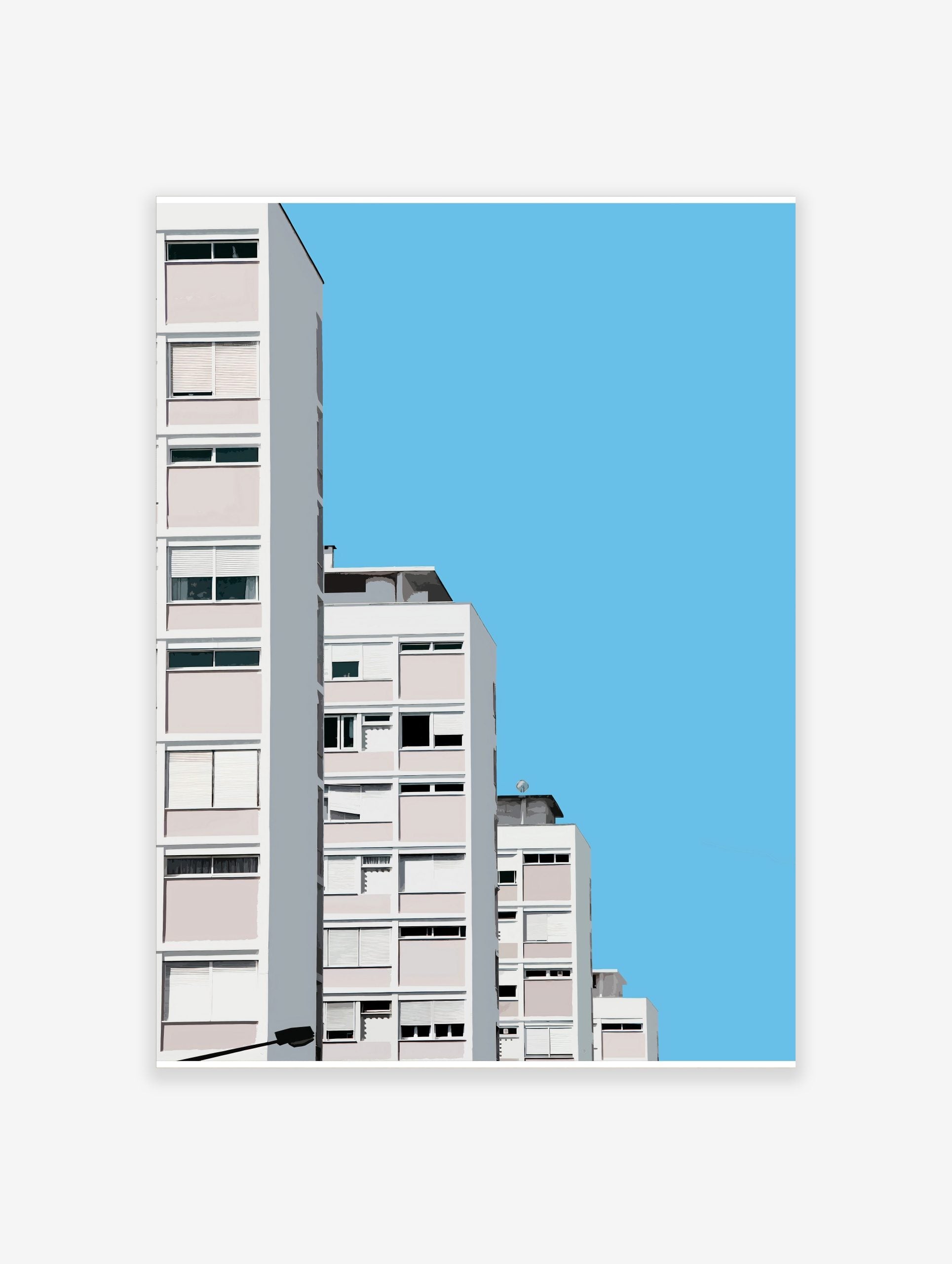 Minimalist architectural wall art of modern white and pink apartment buildings against a clear blue sky