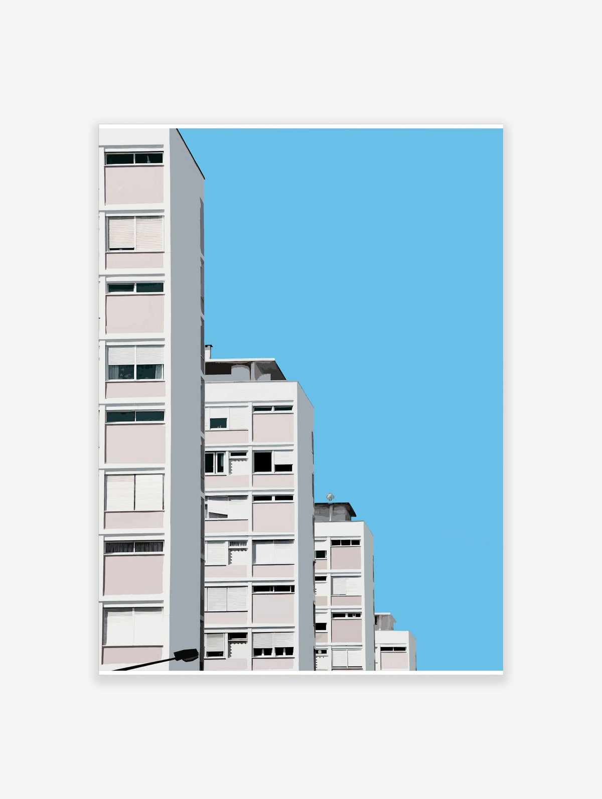 Minimalist architectural wall art of modern white and pink apartment buildings against a clear blue sky