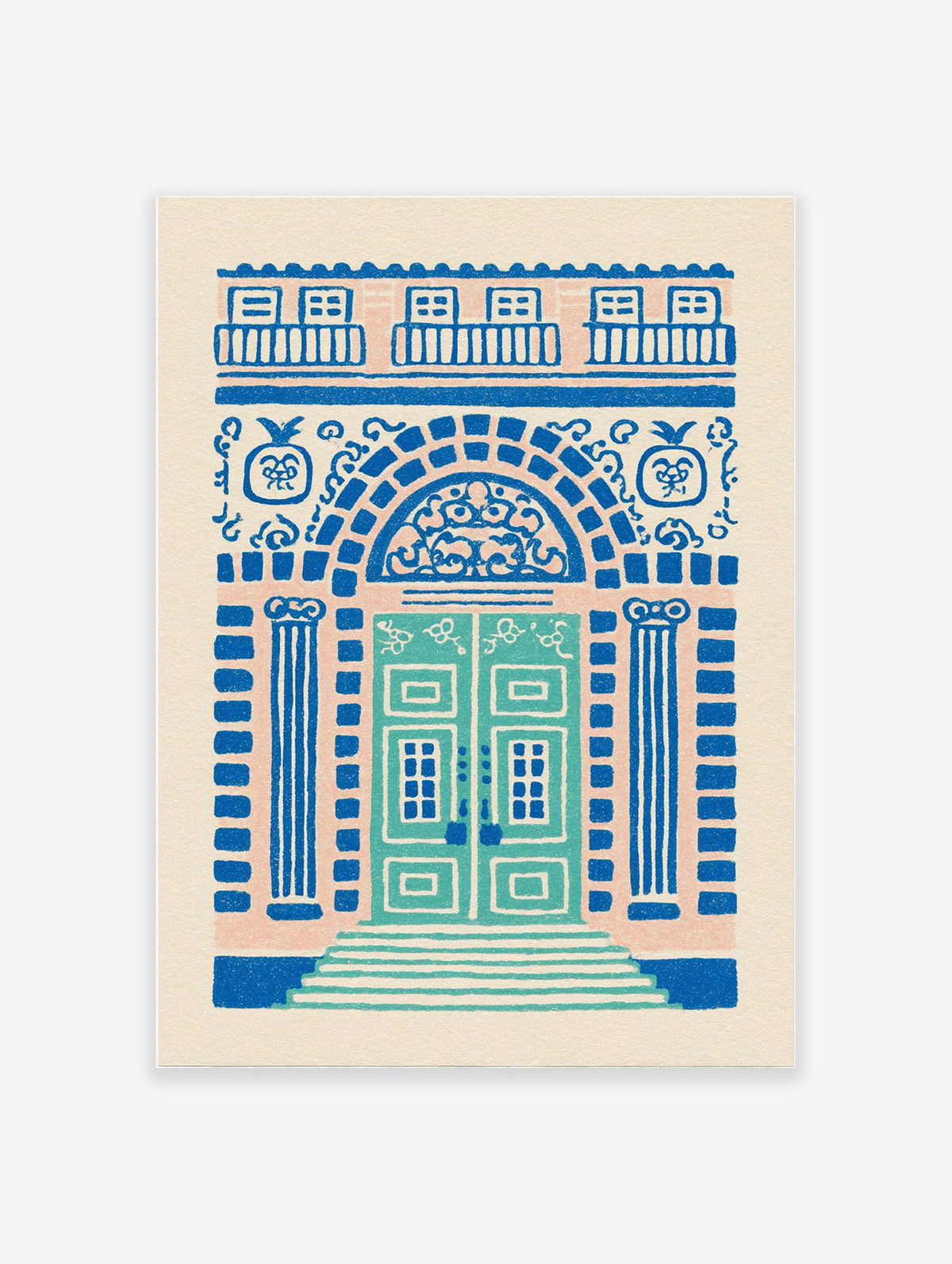 Ornate blue and pink architectural wall art illustration of a decorative building door with pillars, archway, and balconies.