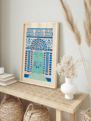 Ornate blue and pink architectural wall art illustration of a decorative building door with pillars, archway, and balconies. - Image 3