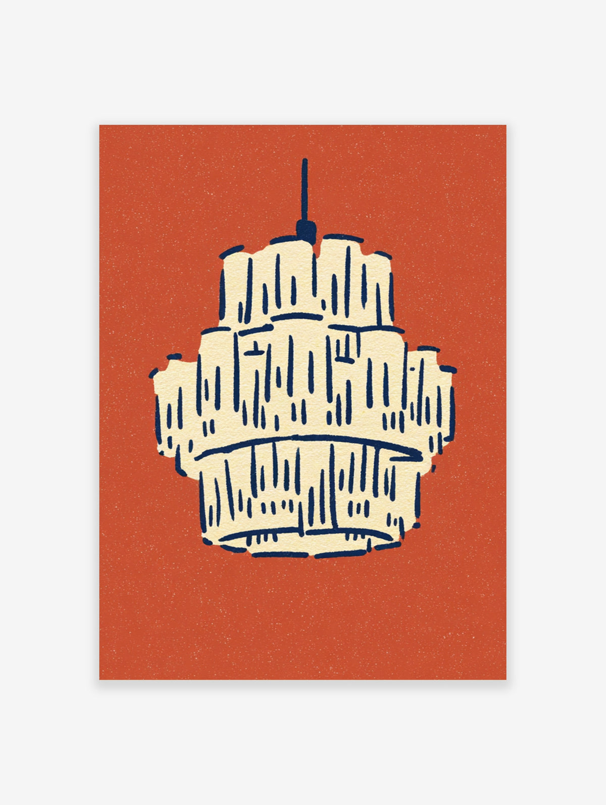 Illustrated architecture print of a tiered building with vertical lines on red background