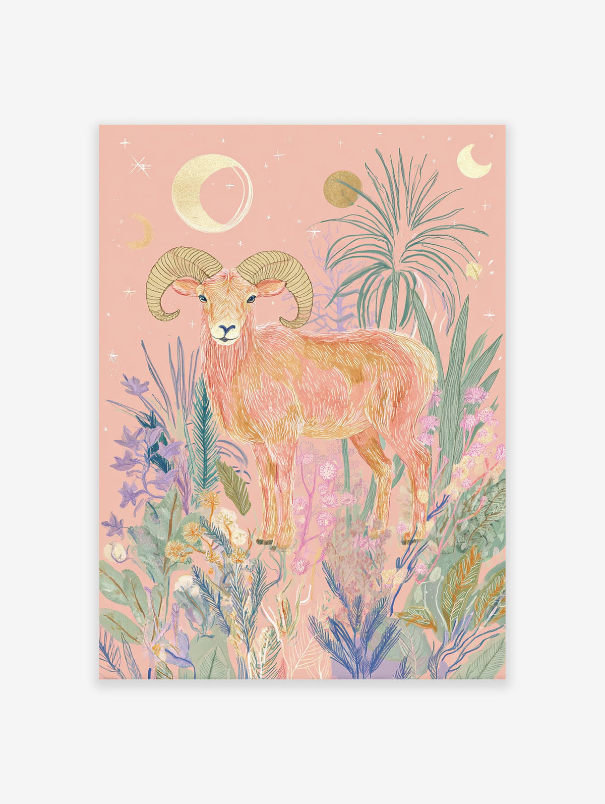 Aries Ram poster illustration with a golden ram surrounded by pink and green botanical elements and celestial moons and stars.